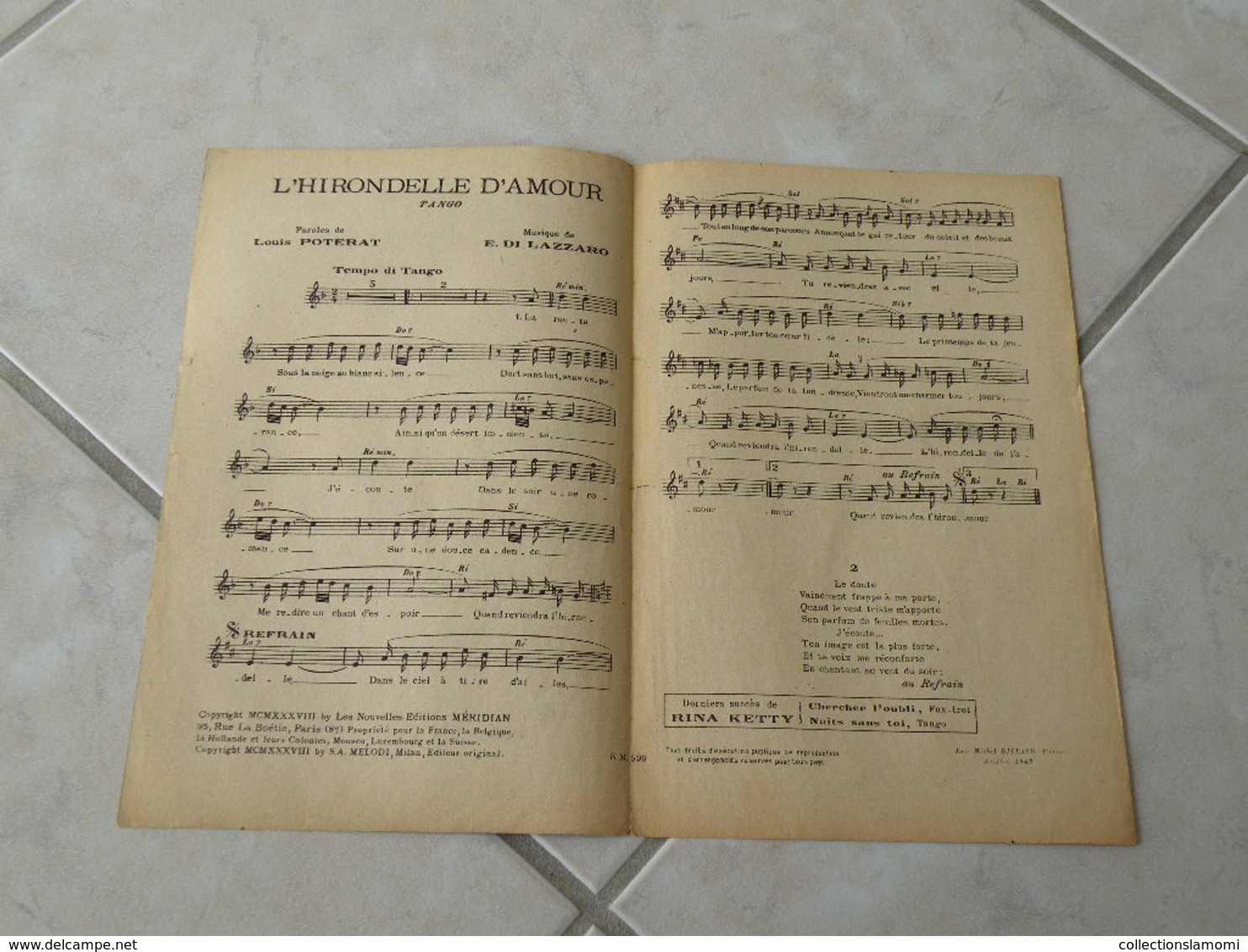 L'Hirondelle D'amour ( Rina Ketty)-(Paroles Louis Poterat)-(Musique E.DI. Lazzaro) Partition 1939 - Chansonniers