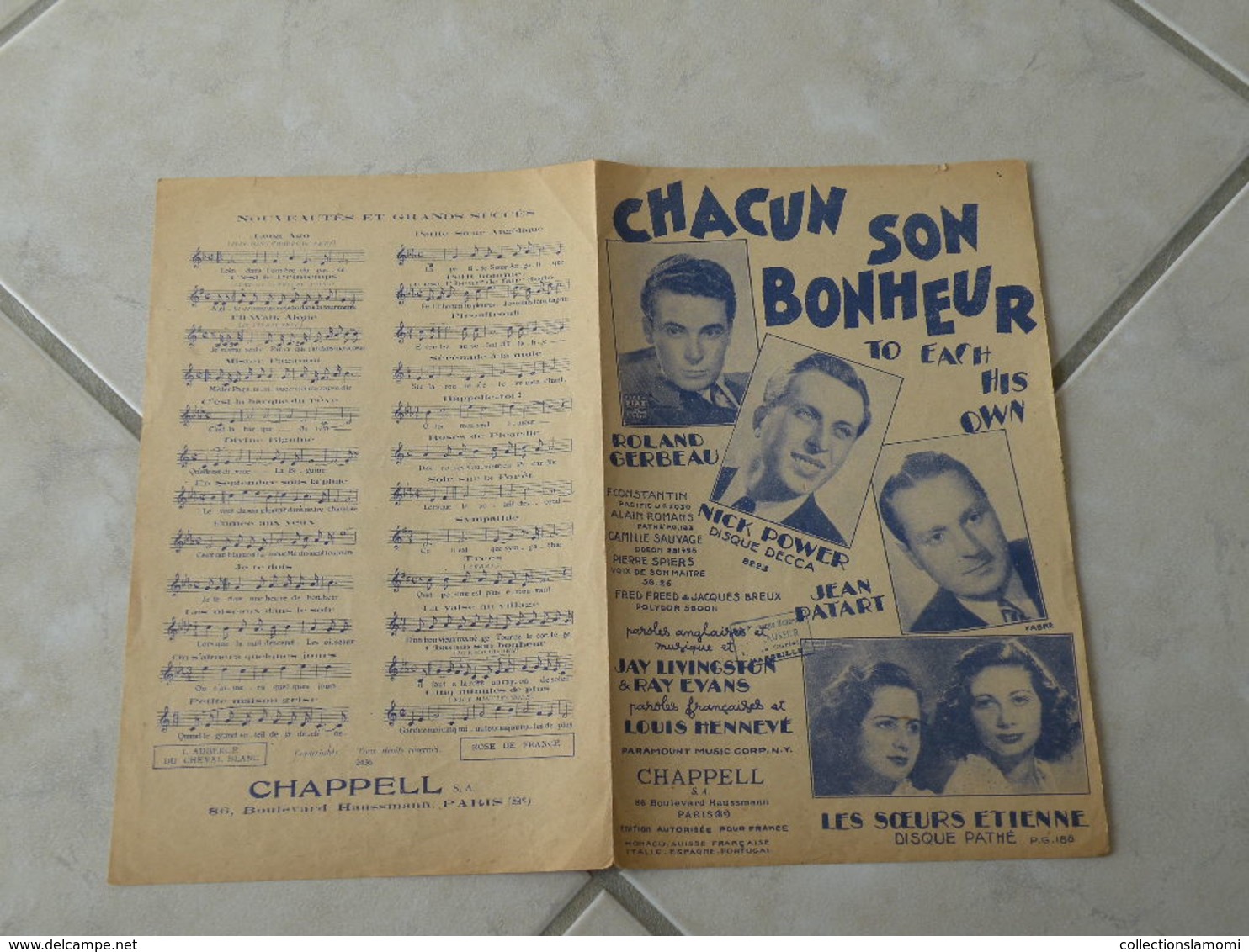 Chacun Son Bonheur -(Paroles Louis Hennevé)-(Musique Jay Livingston & Ray Evans) Partition - Chansonniers