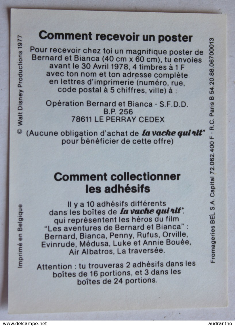 1977 Autocollant La Vache Qui Rit Les Aventures De Bernard Et Bianca Evinrude Walt Disney - Autres & Non Classés