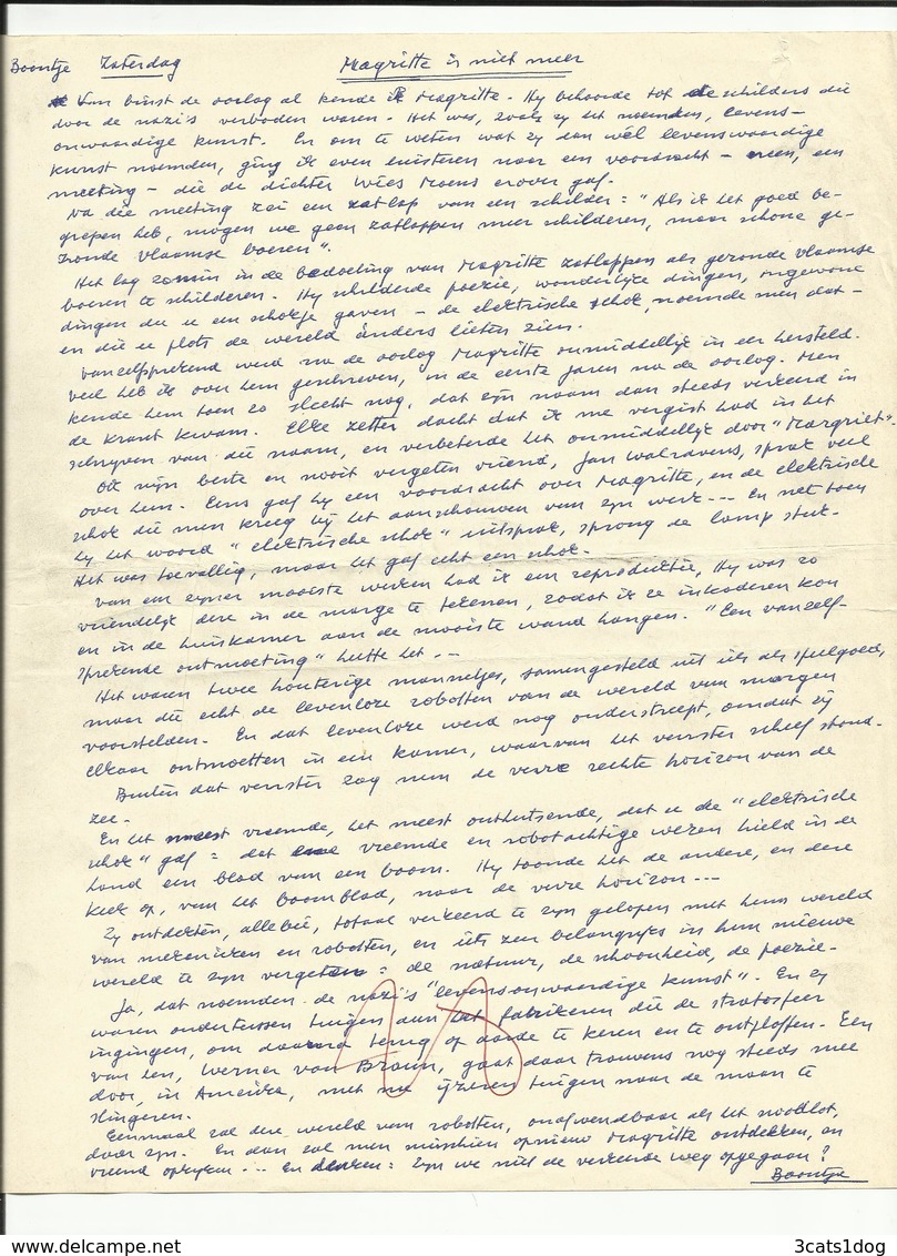 Magritte Is Niet Meer - Boontje Van Louis Paul Boon (origineel Handgeschreven Tekst) - Manuscrits