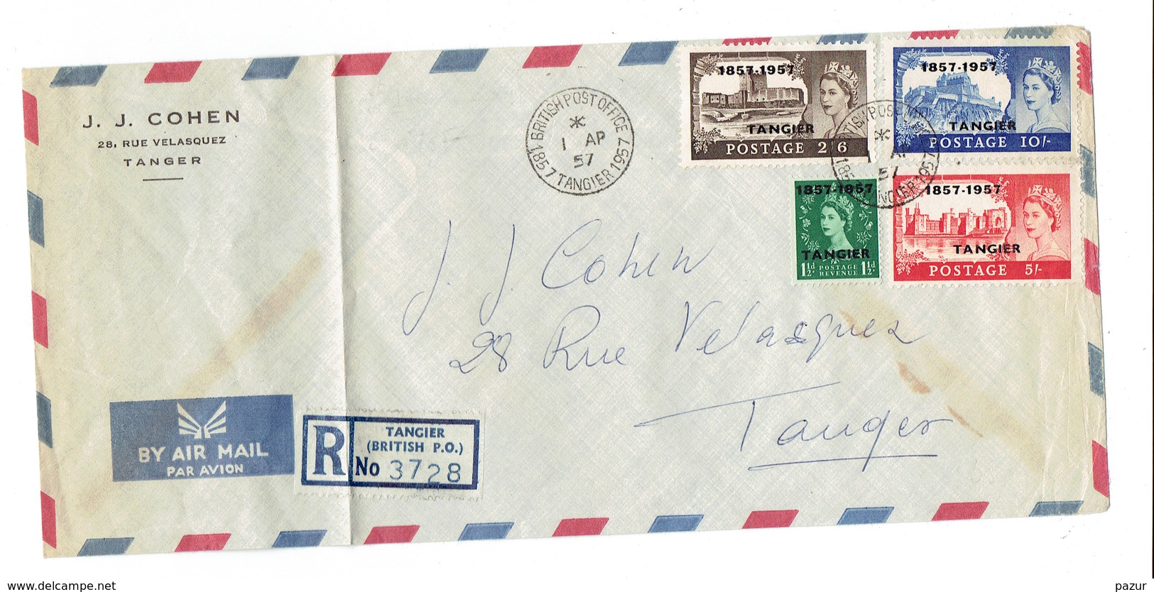 MARCOPHILIE - MAROC BUREAU ANGLAIS TANGER - LETTRE RECOMMANDEE - TTB OB BRITISH POST OFFICE 1 AP 57 TANGIER - Maroc (1956-...)