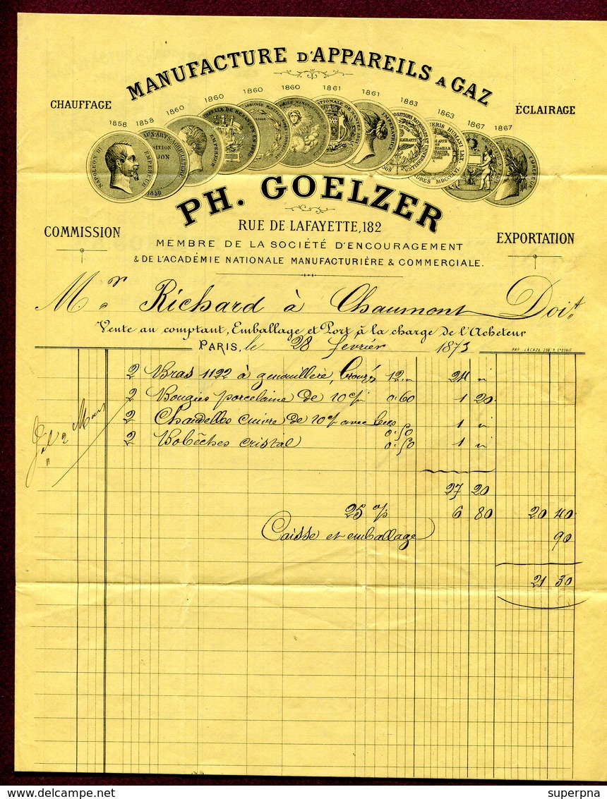 PARIS  (1873) : " APPAREILS à GAZ - PH. GOELZER  182 Rue Lafayette "  Avec TP N° 60 - 1800 – 1899