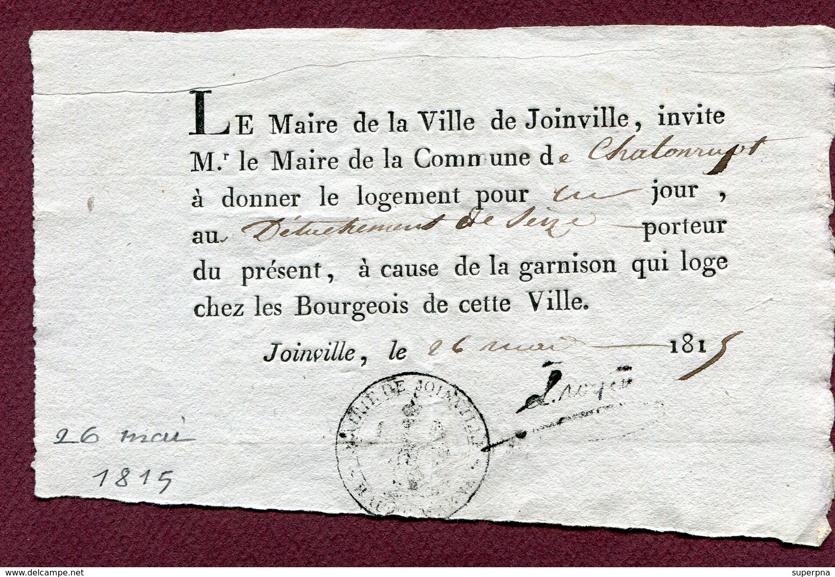 JOINVILLE  (1815) : " NAPOLEON 1er - L'ARMEE DES CENT JOURS " - Billet De Logement Pour Les Soldats  1er EMPIRE - Documents Historiques