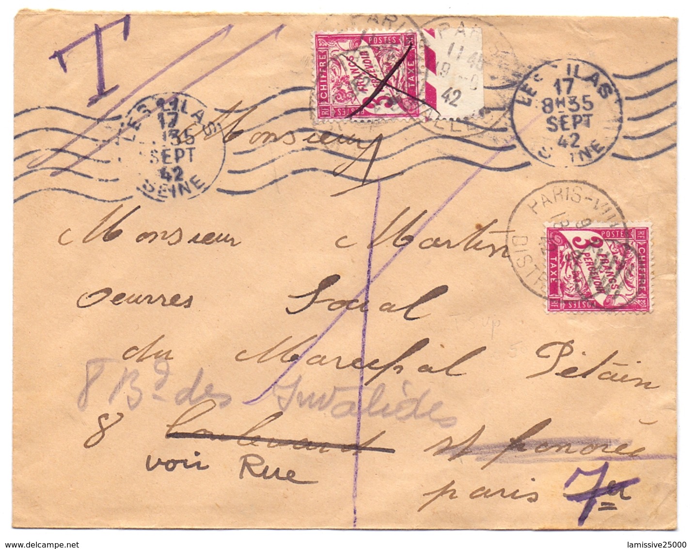 Lettre De Les Lilas Seine Pour Les Oeuvres Sociales Du Maréchal Petain Double Taxe A 3 Fr Paris VIII - Guerre De 1939-45