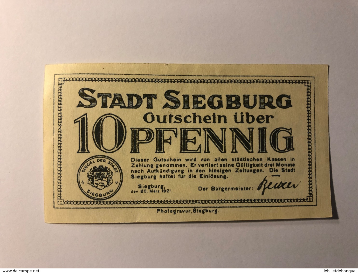 Allemagne Notgeld Siegburg 10 Pfennig - Collections