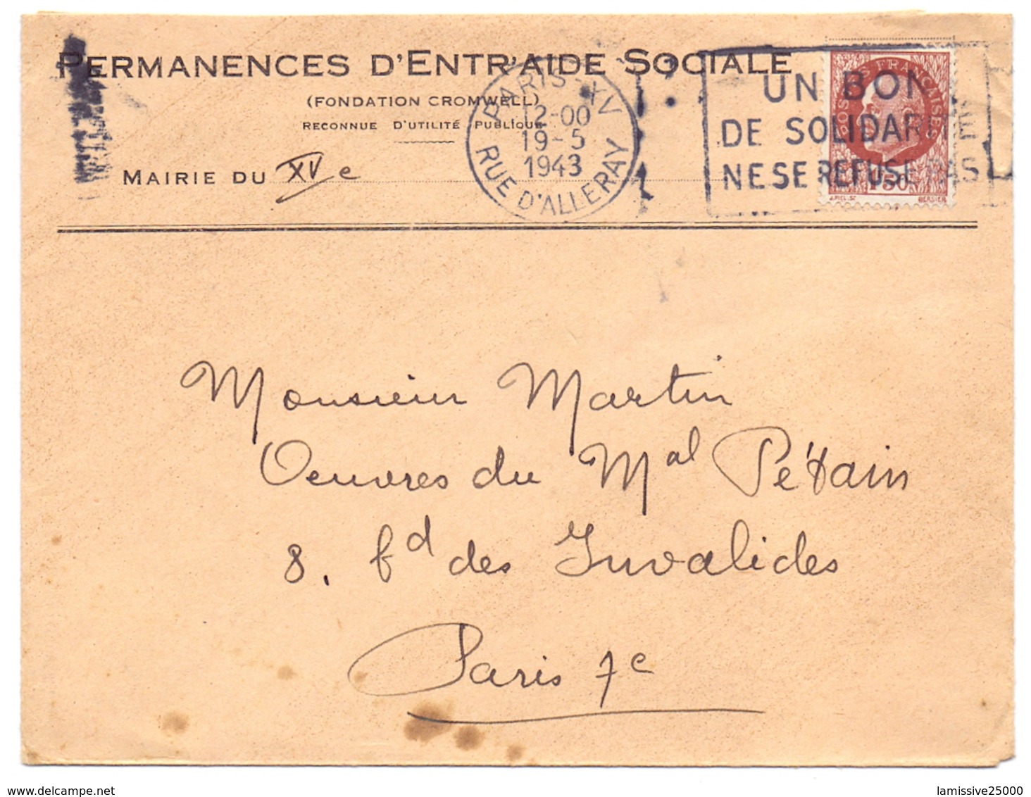 Lettre De Paris XV Petain Pour Les Oeuvres Sociales Du Maréchal Petain - Guerre De 1939-45