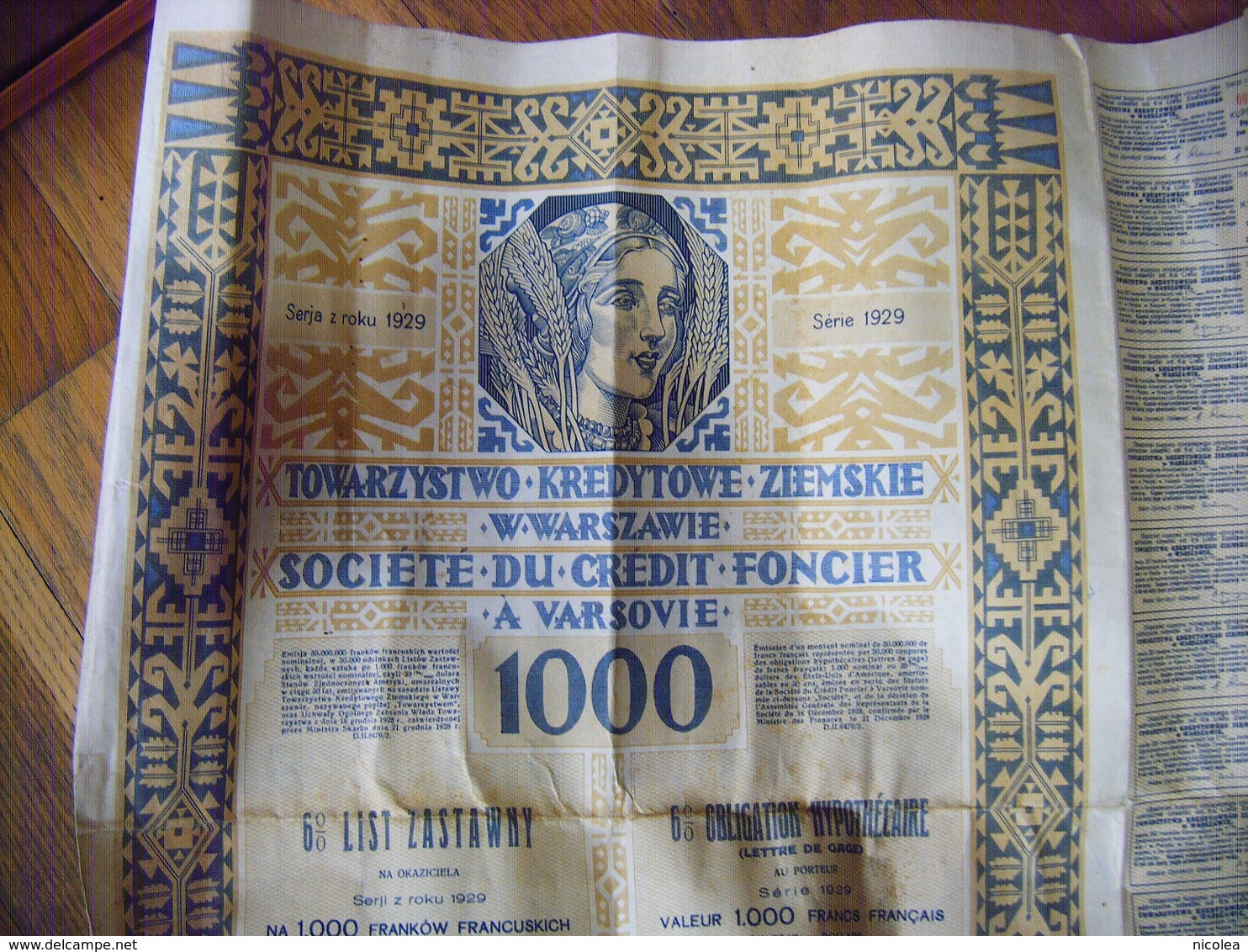 VARSOVIE - WARSZAWIE - POLOGNE - POLAND - ACTION DE 1000 FRANCS FRANCAIS 1929  SOCIETE DU CREDIT FONCIER A VARSOVIE - Banque & Assurance