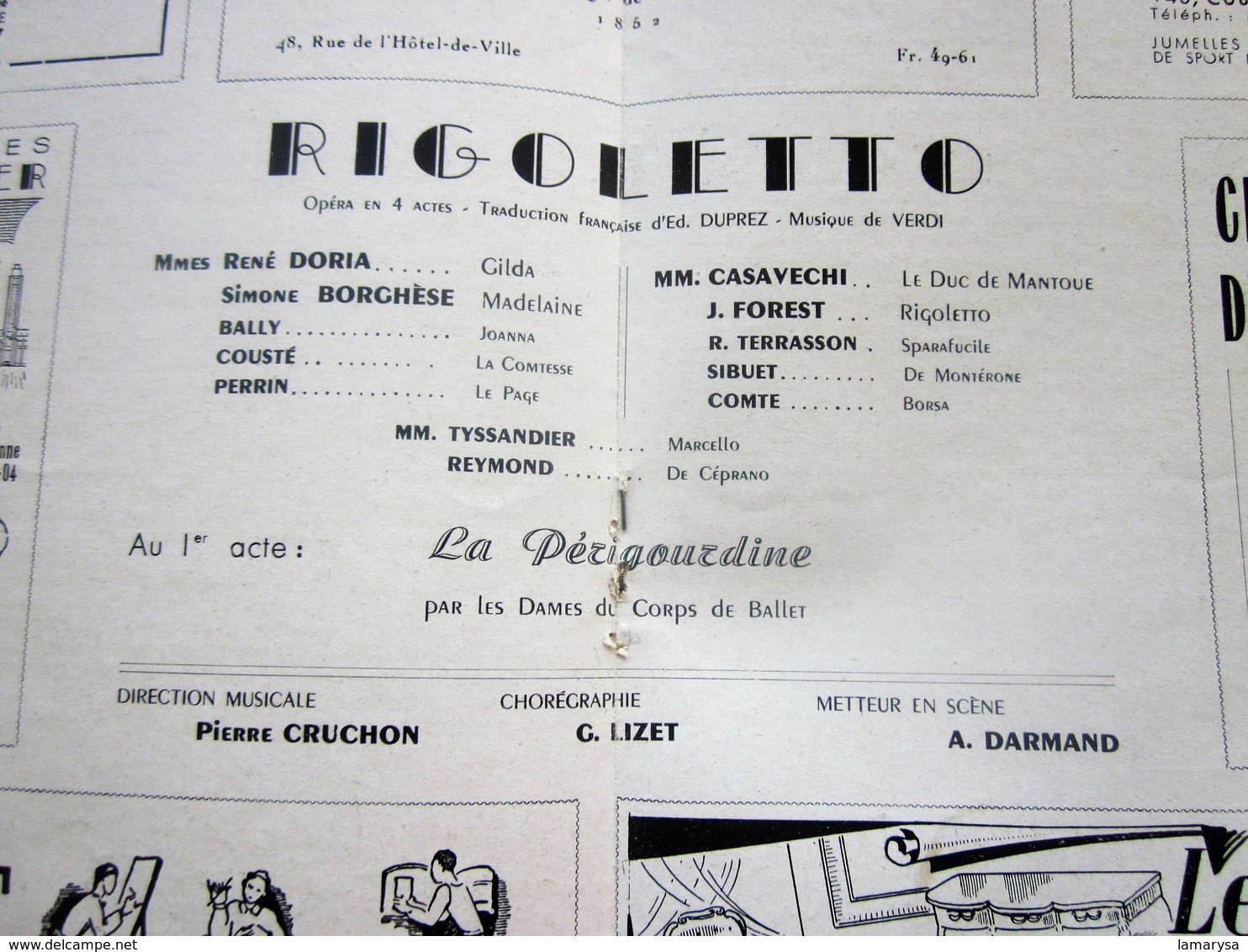 1947/48- RIGOLETTO -LA PERIGOURDINE -PROGRAMME OPÉRA De LYON-SPECTACLE-PHOTOS ARTISTE COMÉDIENS -ACTEURS-DANSE-PUBLICITÉ - Programmes