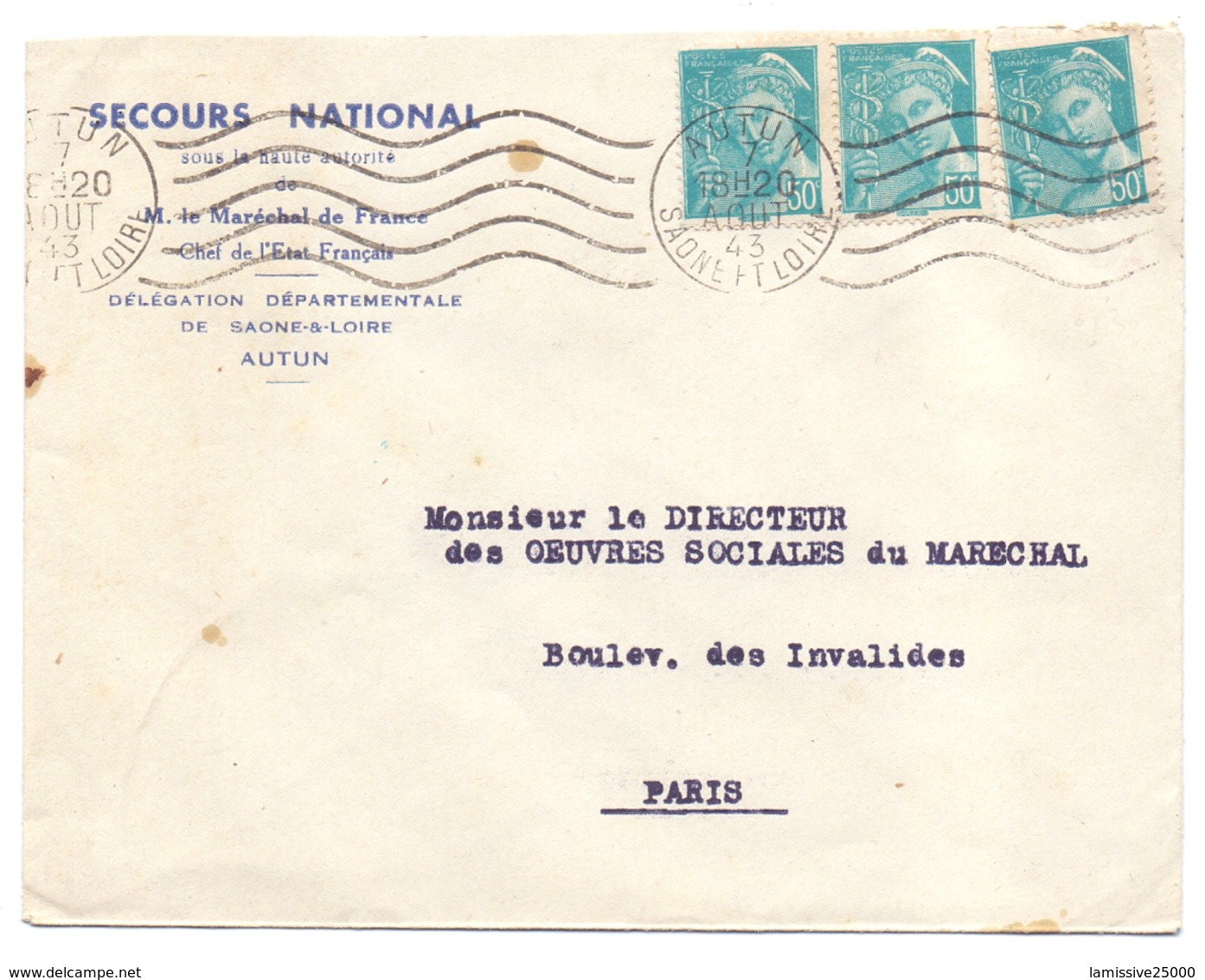 Lettre De Autun Saone Et Loire Mercure Pour Les Oeuvres Sociales Du Maréchal Petain - 2. Weltkrieg 1939-1945