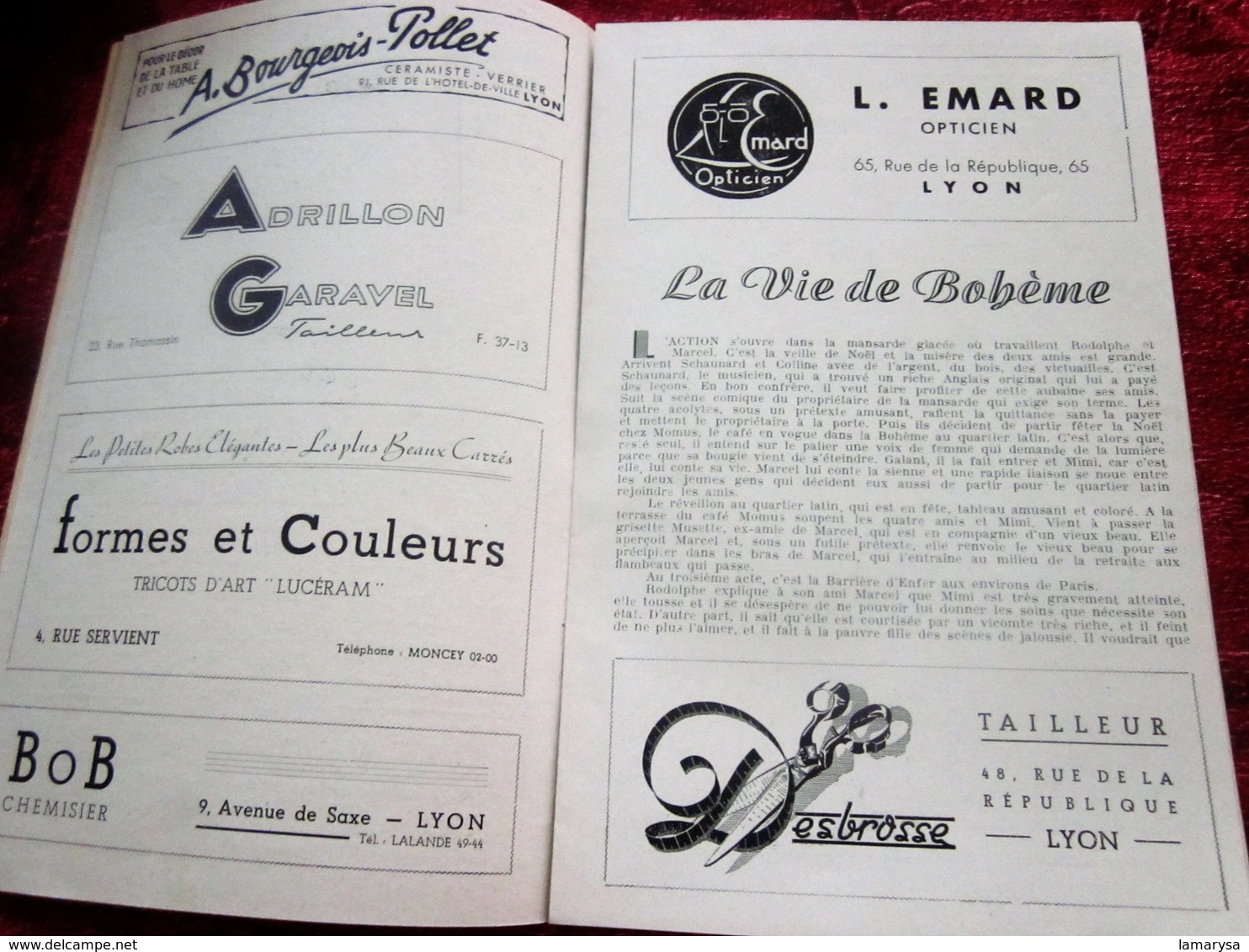 1947/48- LA VIE DE BOHEME   - PROGRAMME OPÉRA De LYON-SPECTACLE-PHOTOS ARTISTE COMÉDIENS -ACTEURS-DANSE-PUBLICITÉ - Programmes