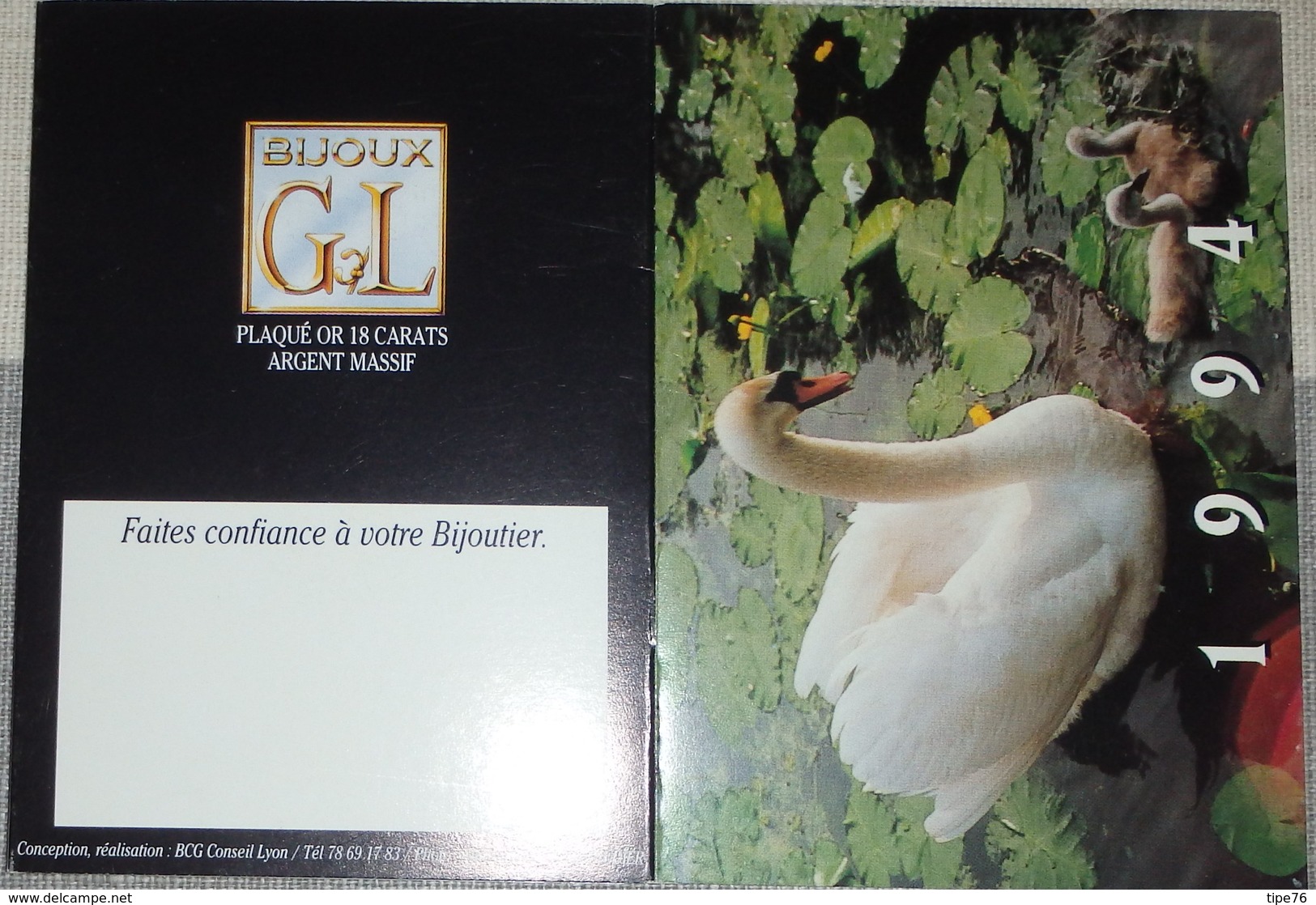 Petit Calendrier De Poche 1994 Bijou Bijoutier GL Plaqué Or Argent Cygne - 4 Volets - Small : 1991-00