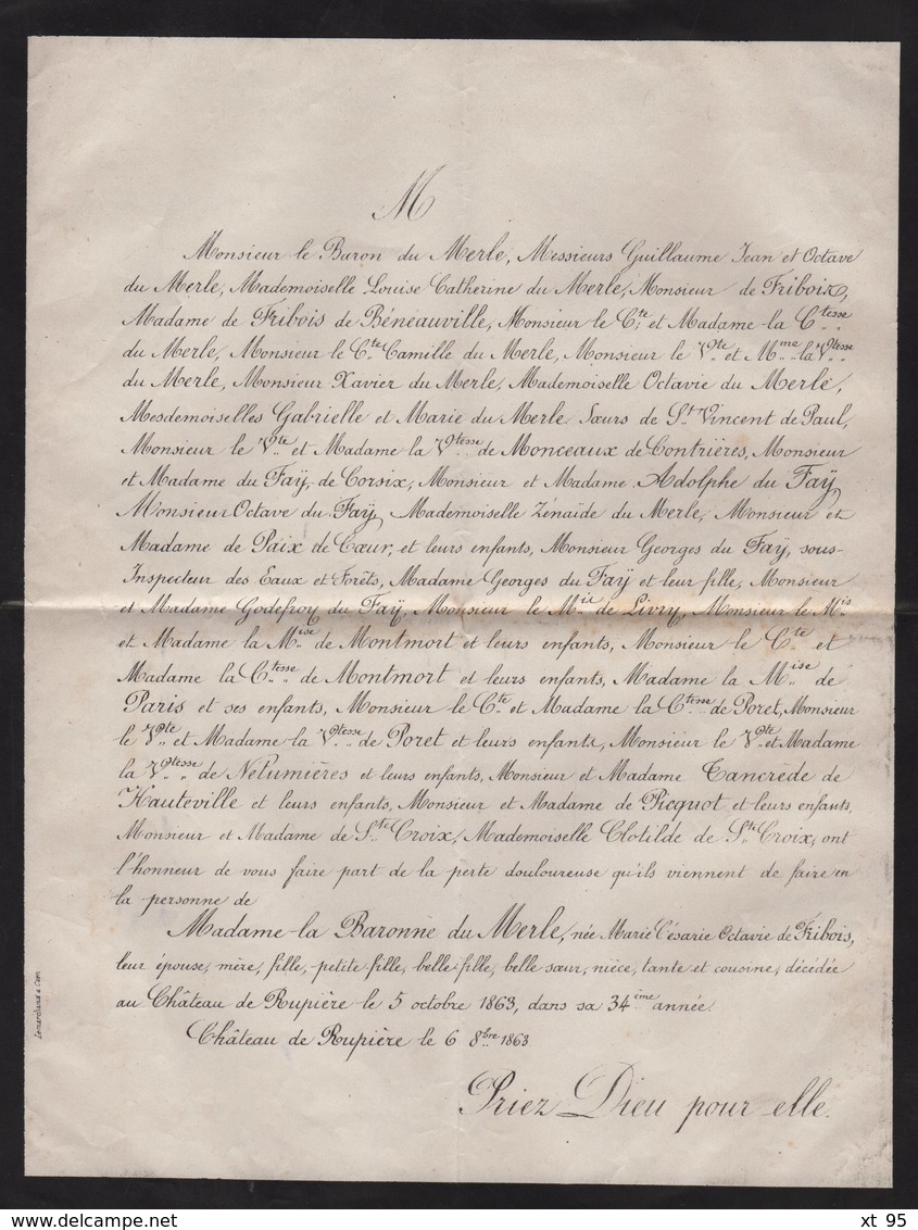 Troarn - 13 - Calvados - Faire Part De Deuil - Baronne Du Merle - Chateau De Rupiere - 1849-1876: Période Classique