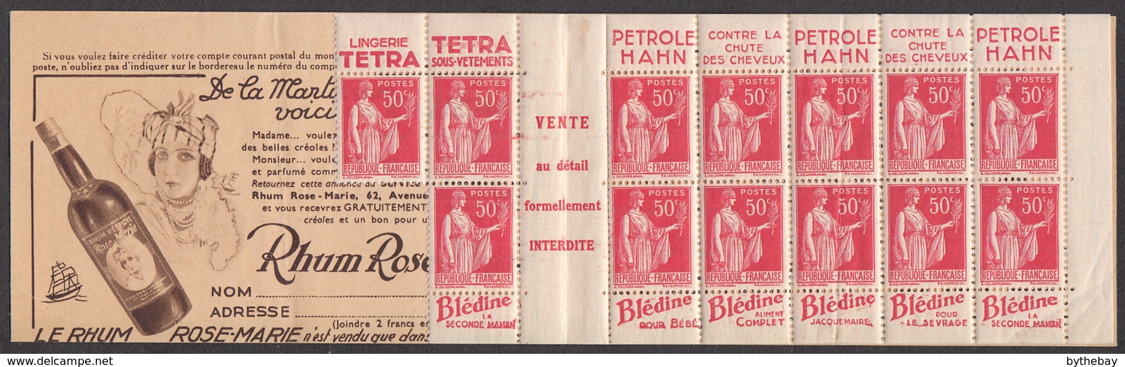 France 1932 MNH Sc 267a 50c Peace, Rose Red Partial Booklet - Autres & Non Classés