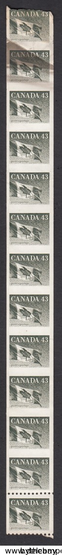 Canada 1992 MNH Sc 1395a 43c Flag, Green Coil Strip Of 13 - Plaatfouten En Curiosa