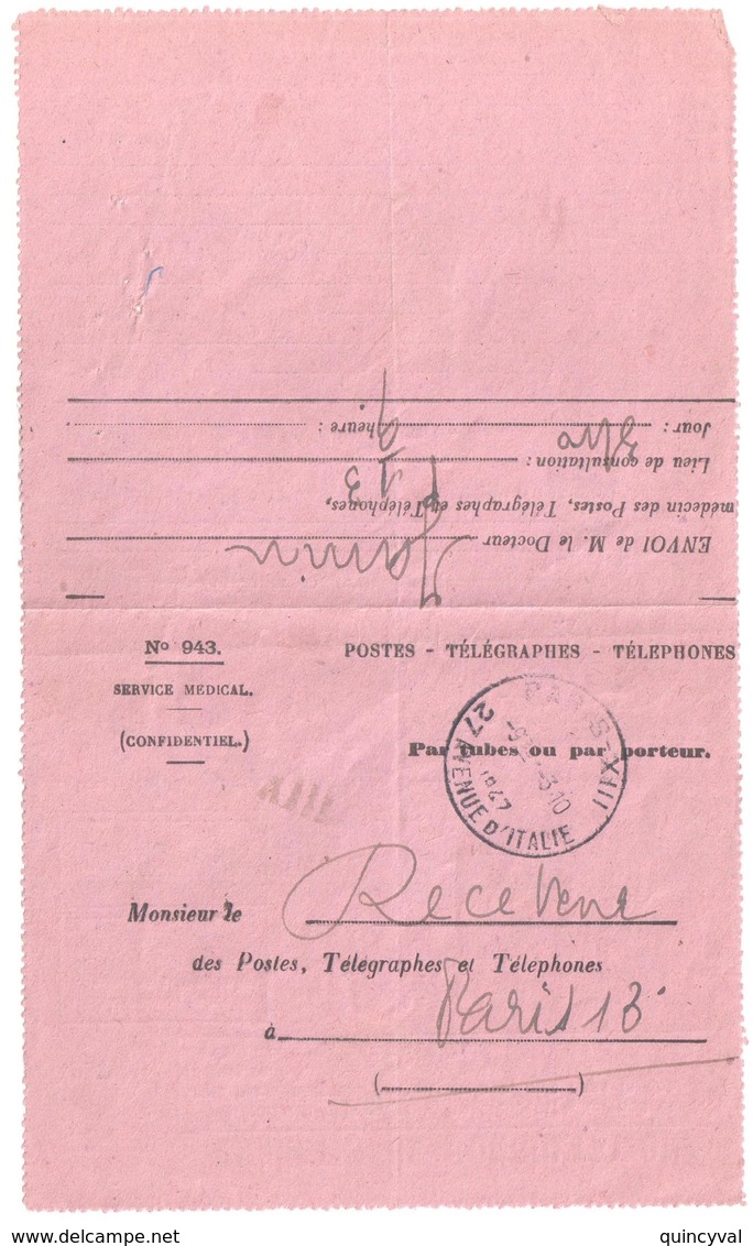 PARIS XIII Bulletin De Consultation Formule 943 Rose Service Médical Par Tubes Pneumatiques Diagnostic Ob 1950 - 1921-1960: Moderne