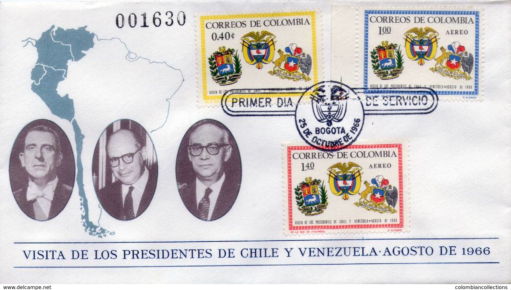 Lote 1127-9aF, Colombia, 1966, SPD-FDC, Visita De Los Presidentes De Chile Y Venezuela, Coat Of Arms, President - Colombia