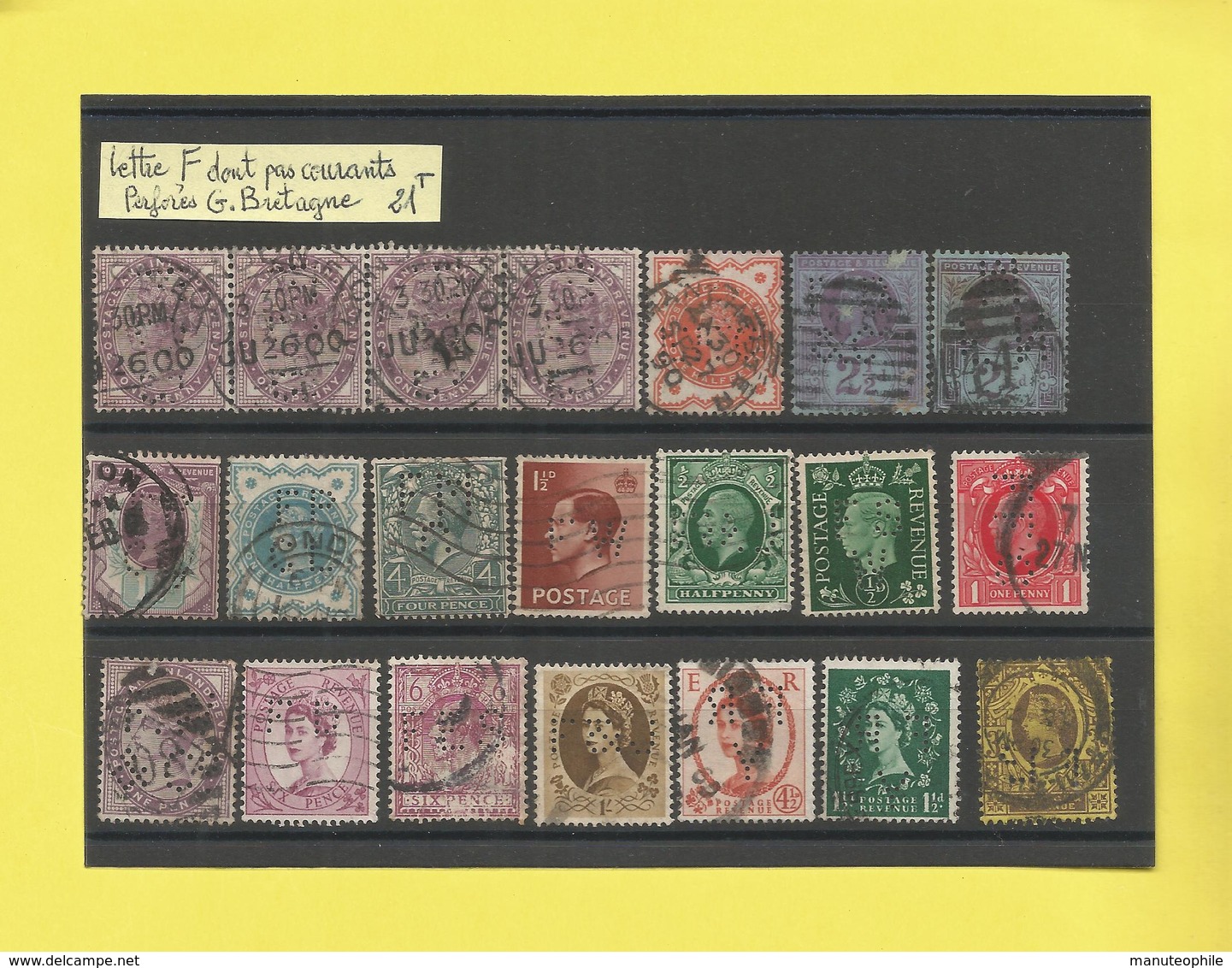 Perforé  Perforés Perfin Perfins De Grande-Bretagne 21 Timbres Certains  Pas Courant Lettre F Uniquement Voir Scans - Perfins