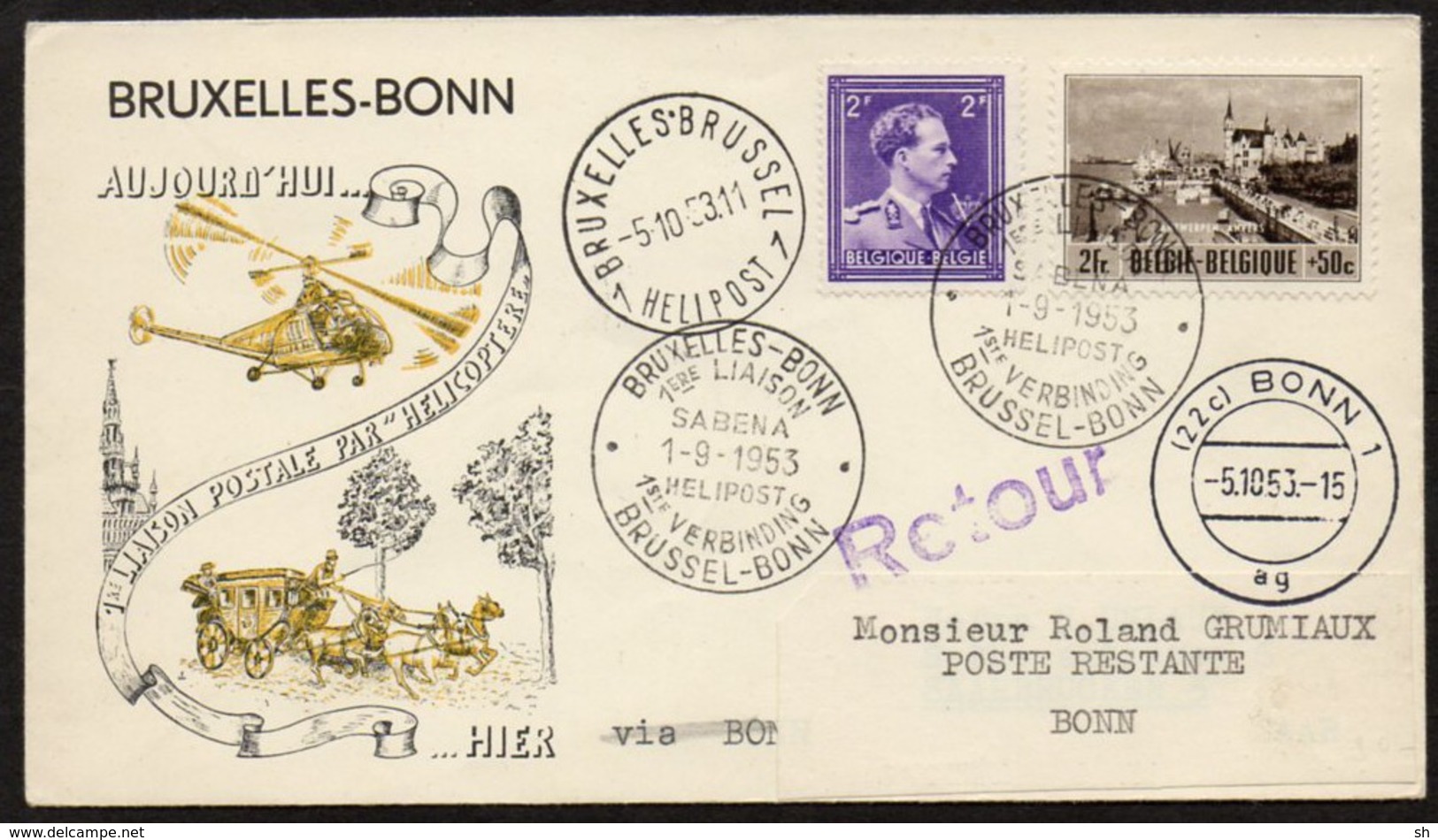 HELIPOST 1  - BRUXELLES - BONN - 1-9-1953 - 1ère Liaison SABENA - Eerste Verbinding - Lettres & Documents