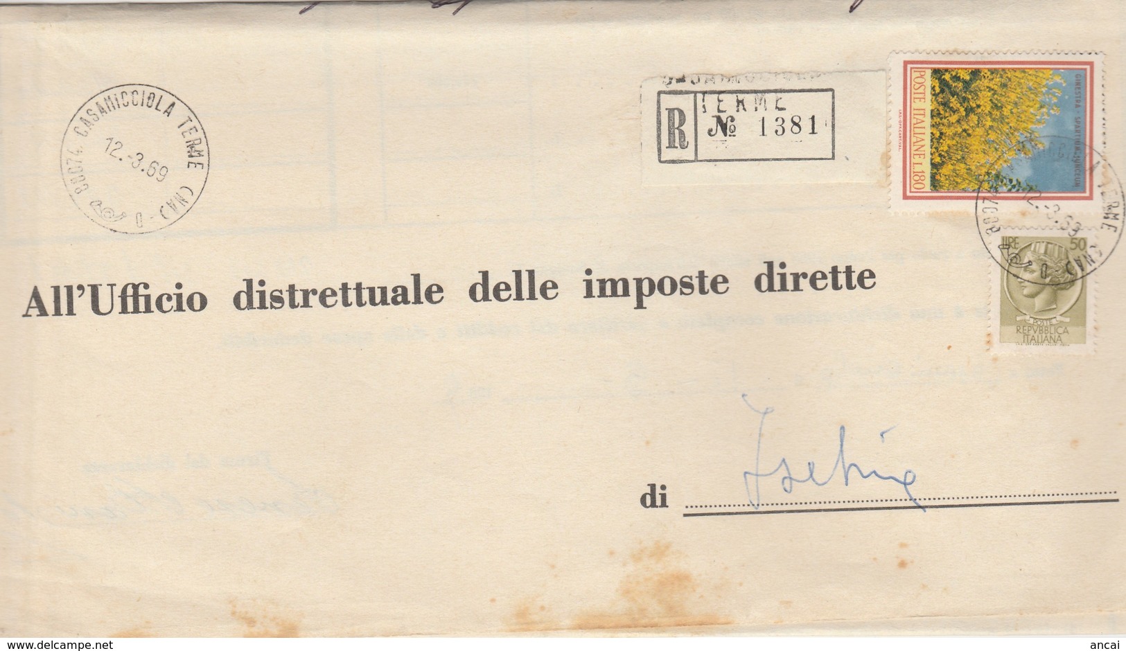 Casamicciola Terme. 1969. Annullo Corno Di Posta CASAMICCIOLA TERME (NA), Su Raccomandata Affrancata Con Tariffa L. 230 - 1971-80: Storia Postale