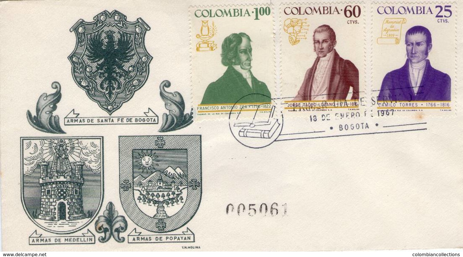 Lote 1133-2-0F, Colombia, 1967, SPD-FDC, Personajes Colombianos, Zea, Tadeo,Camilo Personages, Coat Of Arms, Owl - Colombia