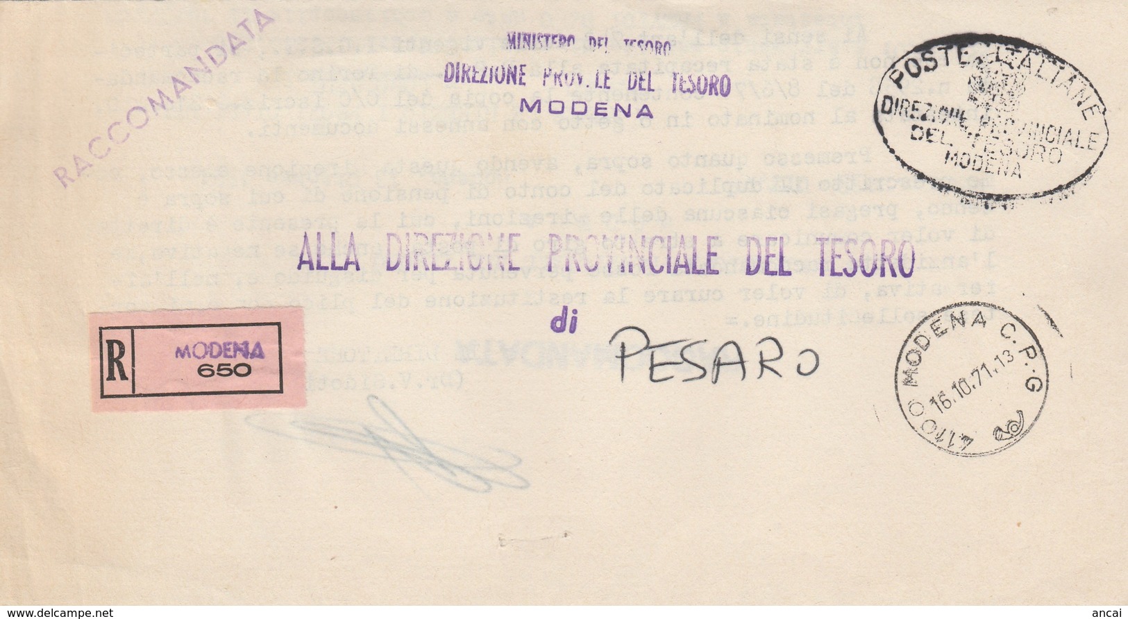 Modena. 1971. Annullo Corno Di Posta MODENA C.P.G. + Ovale DIREZIONE PROVINCIALE TESORO MODENA, Su R In Franchigia - 1971-80: Storia Postale