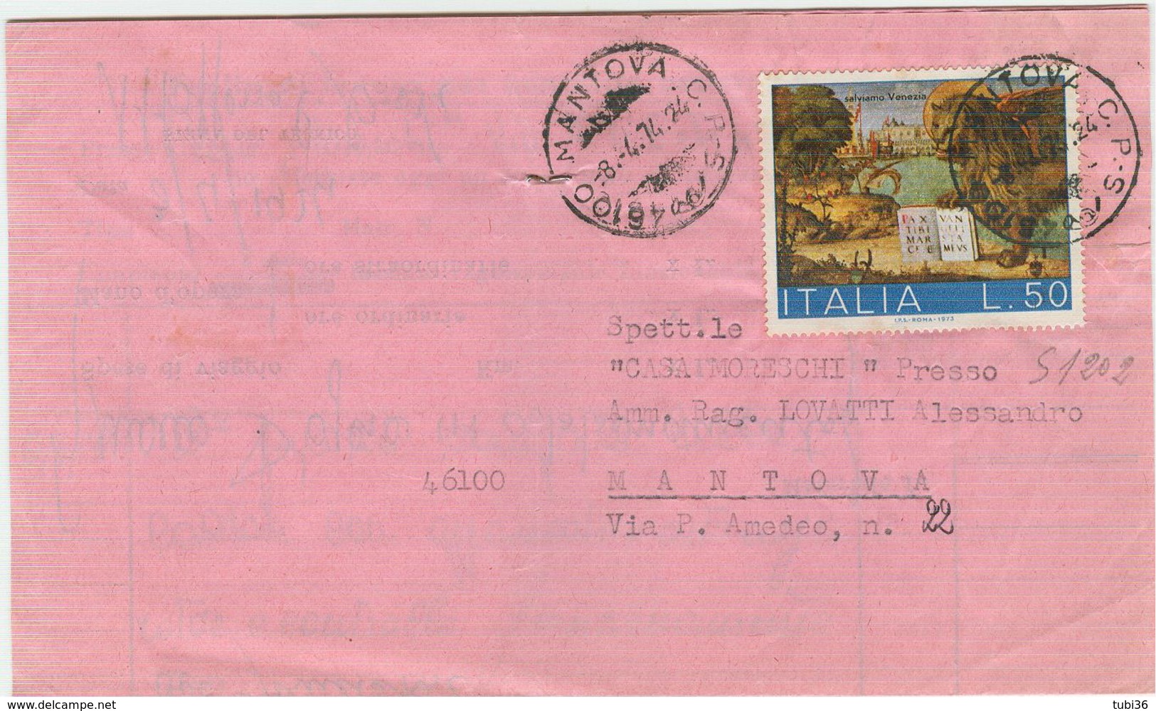 VENEZIA £.50 (s1202),ISOLATO TARIFFA B.P. Privato,1974,TIMBRO POSTE MANTOVA - 1971-80: Storia Postale