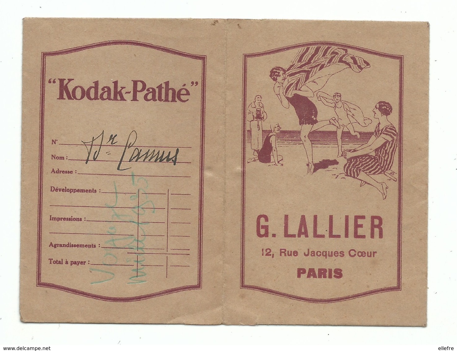 Pochette Kodak Pathé Tirage Photo G. LALLIER 12 Rue Jacques Cœur Paris Scène De Plage Baigneuse Art Nouveau - Autres & Non Classés