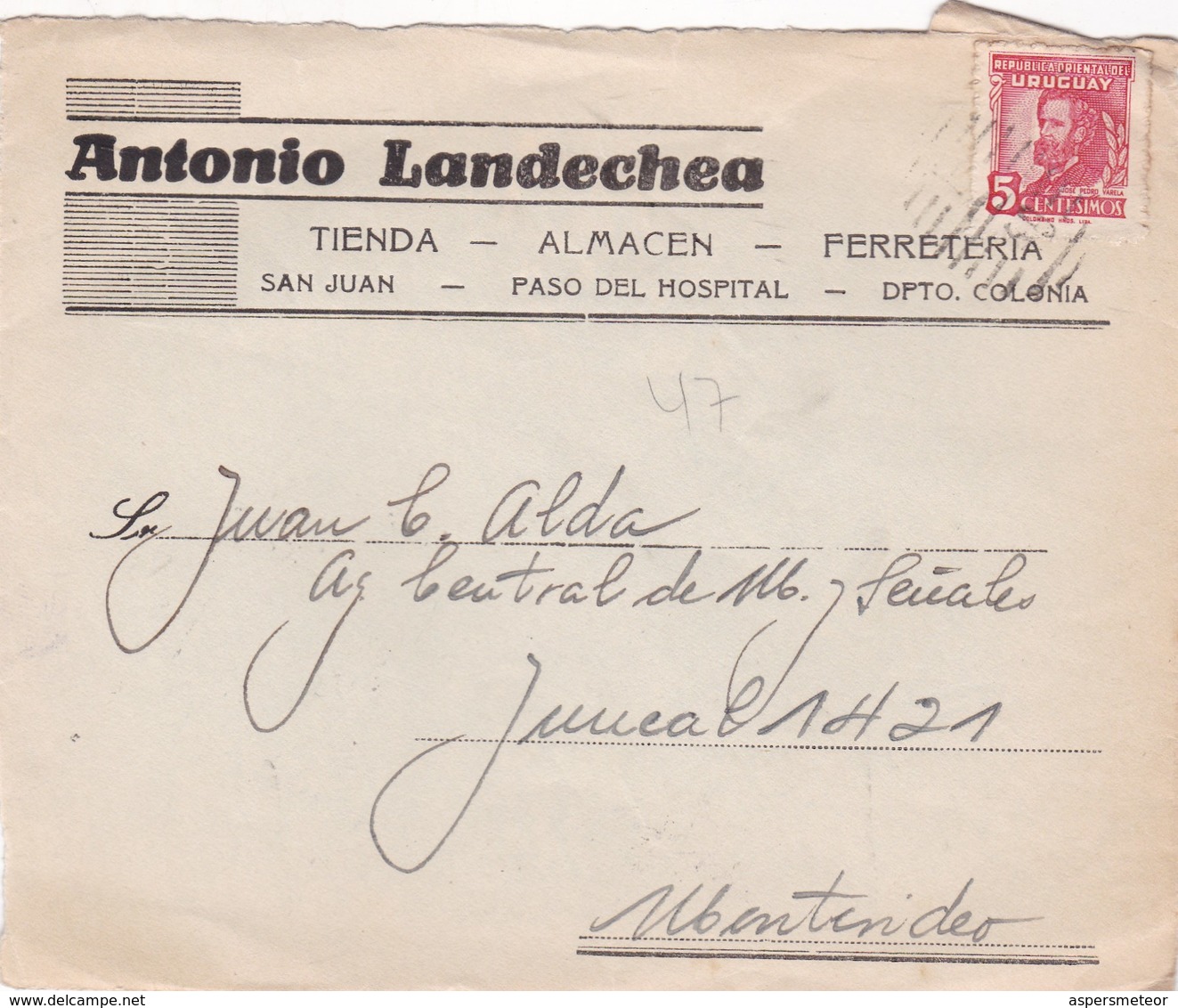 ANTONIO LANDECHEA ALMACEN FERRETERIA - COMMERCIAL ENVELOPE CIRCULEE FRONT CIRCA 1940s URUGUAY - BLEUP - Uruguay