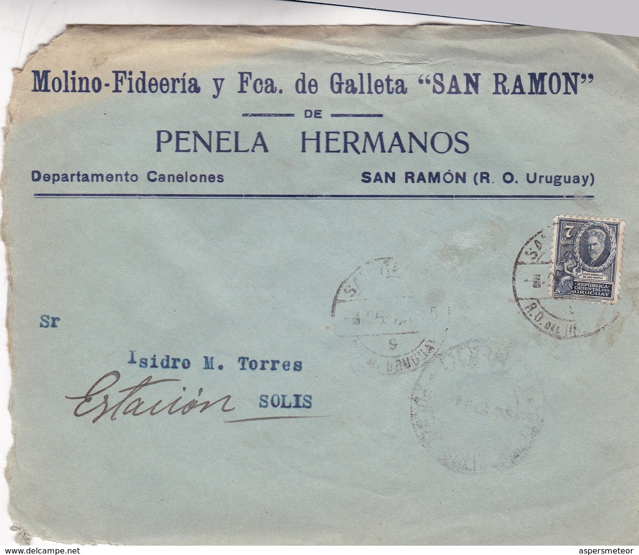 MOLINO FIDERIA Y FCA GALLETA SAN RAMON - COMMERCIAL ENVELOPE CIRCULEE 1955 URUGUAY - BLEUP - Uruguay