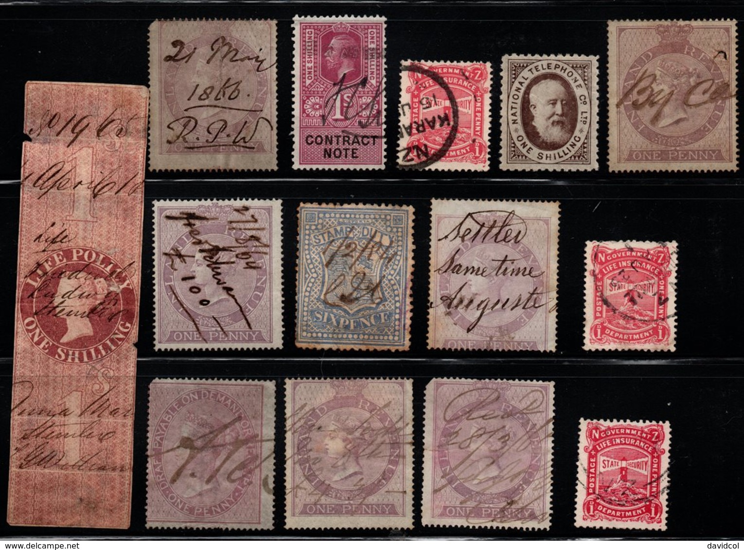 R809 - GREAT BRITAIN. " REVENUES-TELEPHONE-STAM DUTY-INSURANCE " - USED - LOT X 14 STAMPS - SHADES - - Steuermarken
