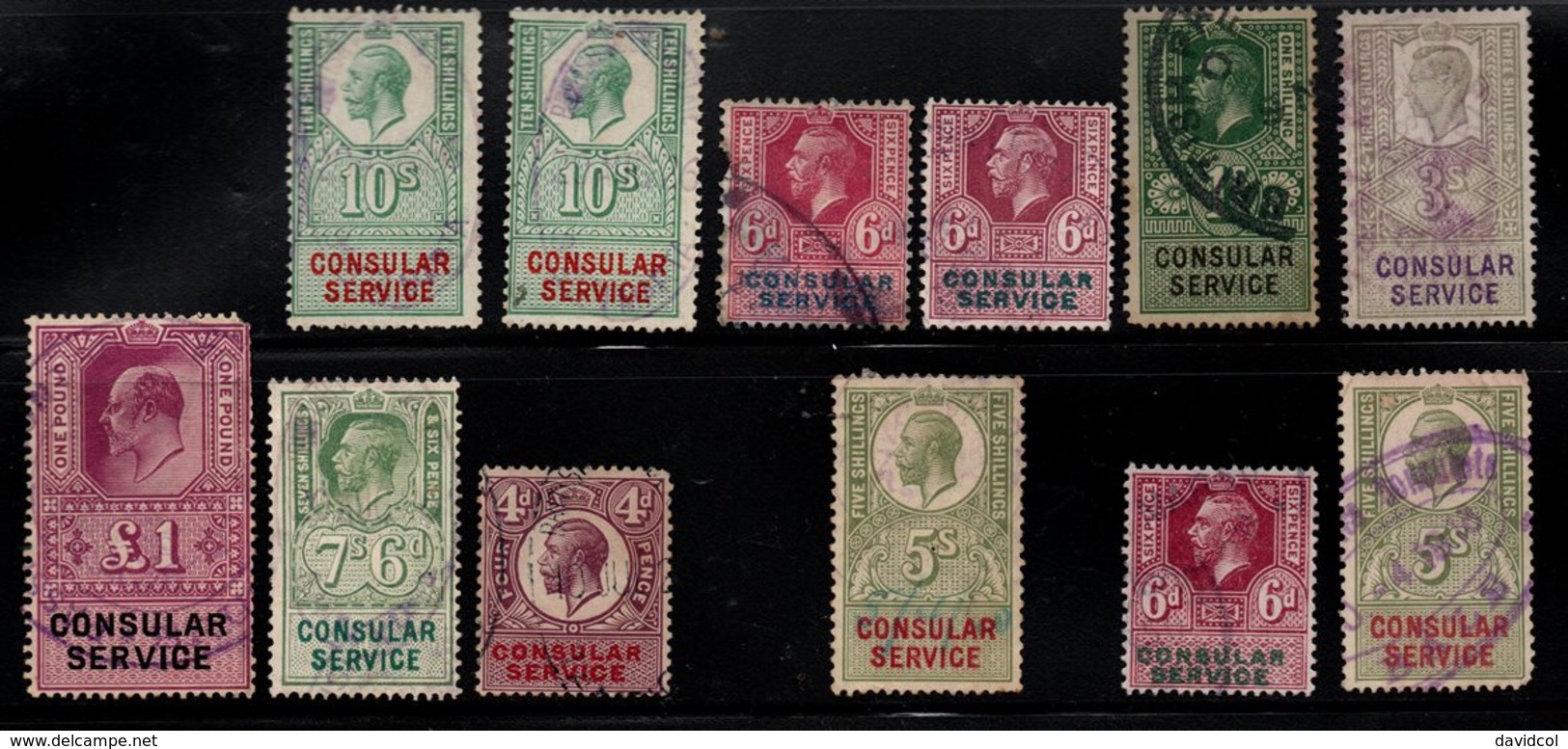 R810 - GREAT BRITAIN. " CONSULAR SERVICE " - USED - LOT X 12 STAMPS - SHADES - - Fiscaux