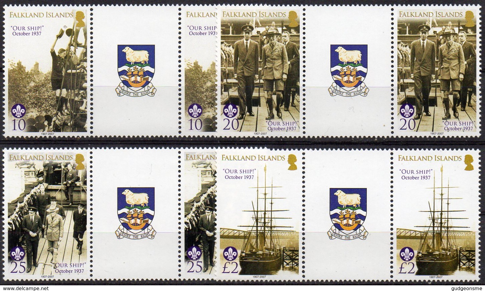 2007 Discovery Ship & Boy Scouts Set 4 Values MNH Gutter Pairs - Falkland Islands