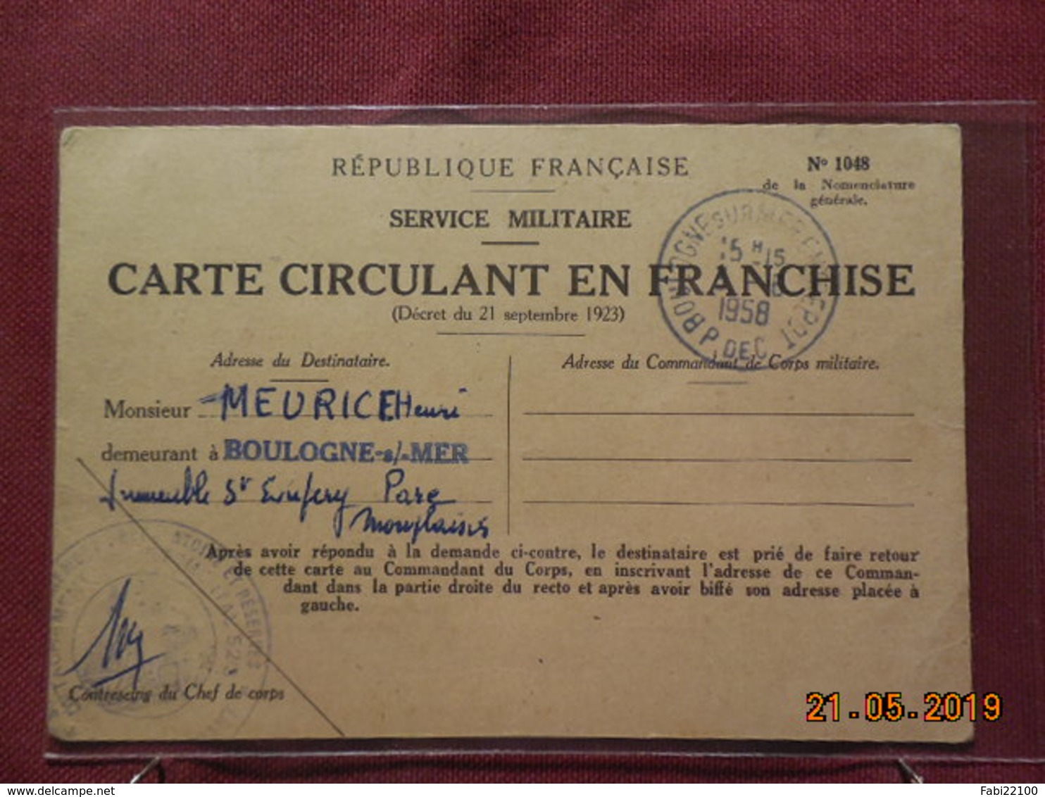 Carte De F.M De 1958 à Destination De Boulogne/Mer - Lettres & Documents