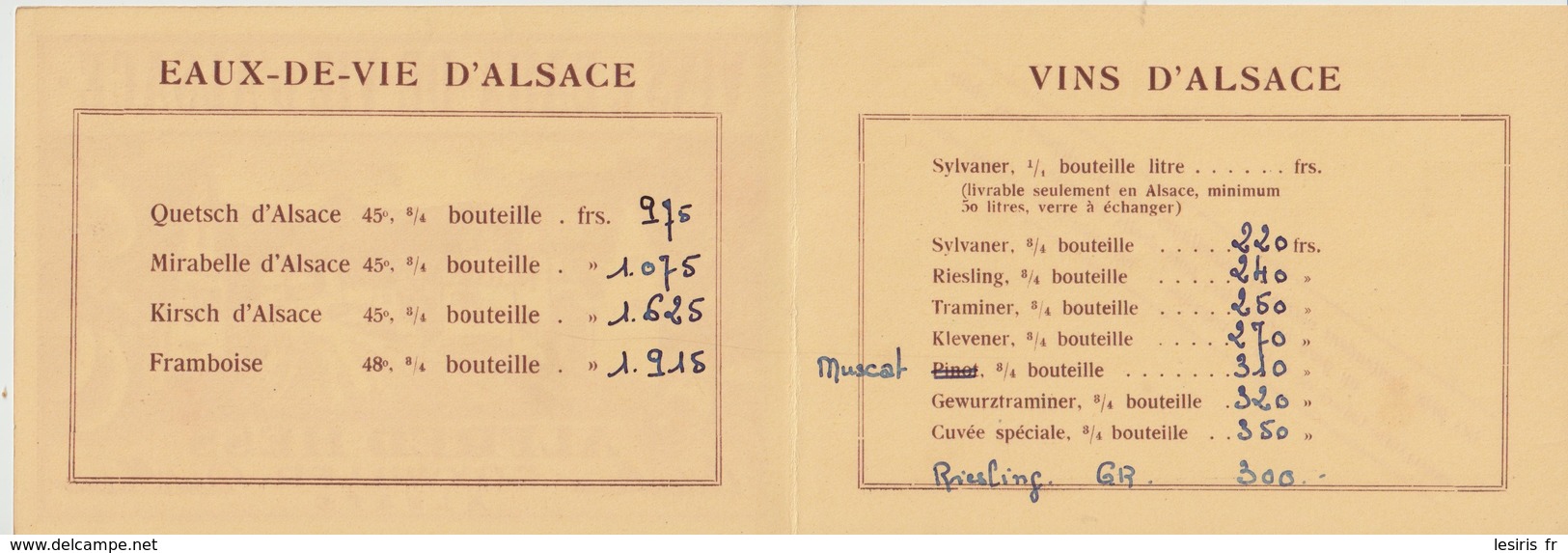 VINS & EAUX DE VIE D'ALSACE - ALFRED HESS - VITICULTEUR - DISTILLATEUR - GOXWILLER - TARIFS - Food