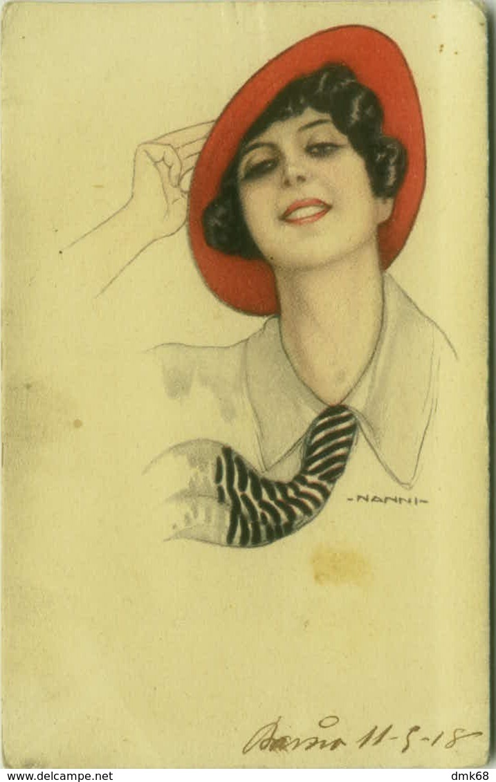 NANNI SIGNED 1910s  POSTCARD - WOMAN & RED HAT - 21/4 (BG354) - Nanni