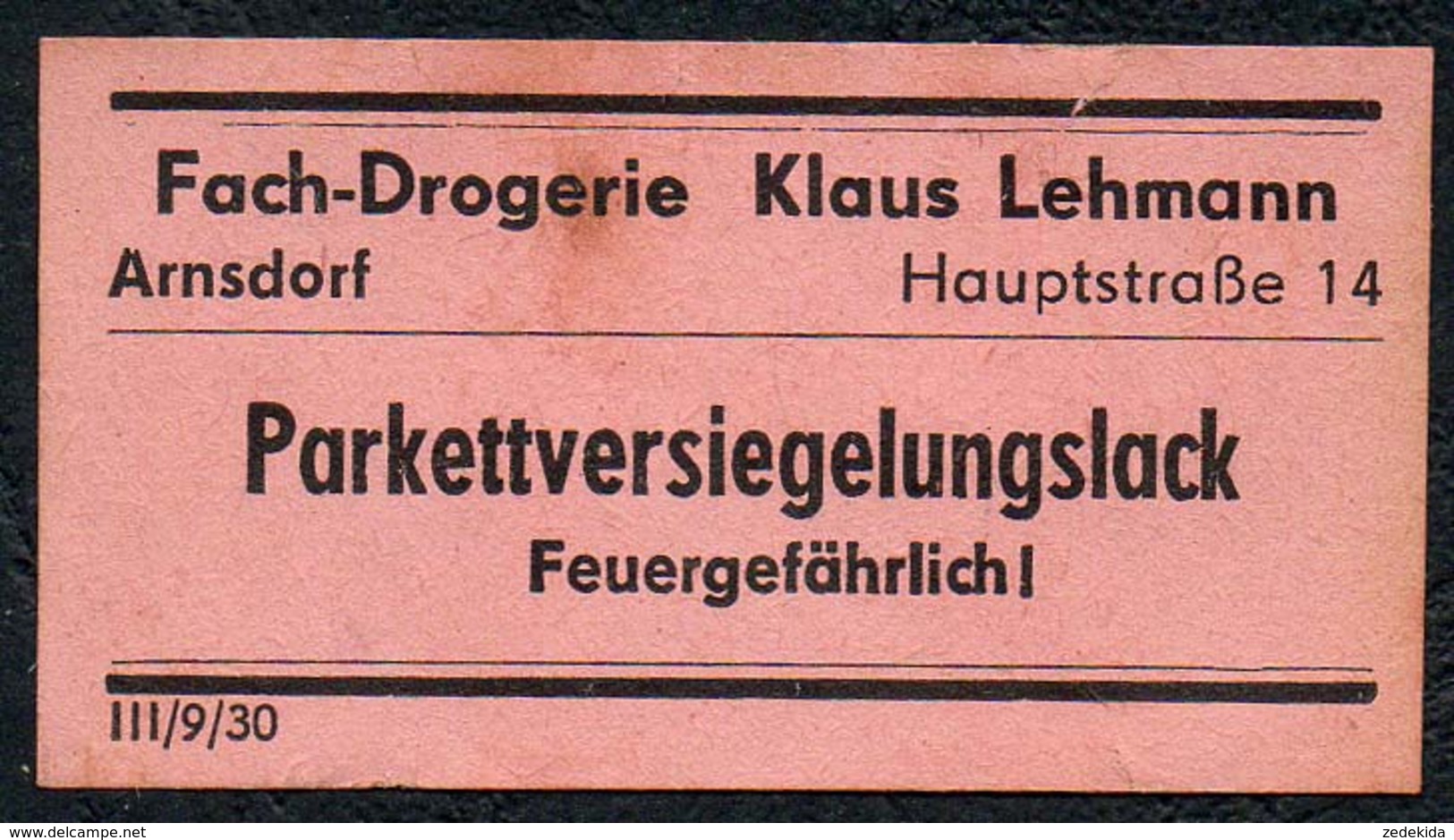 C5499 - Arnsdorf Klaus Lehmann Apotheke Drogerie - Etikett Aufkleber - Parkett Versiegelung - Aufkleber