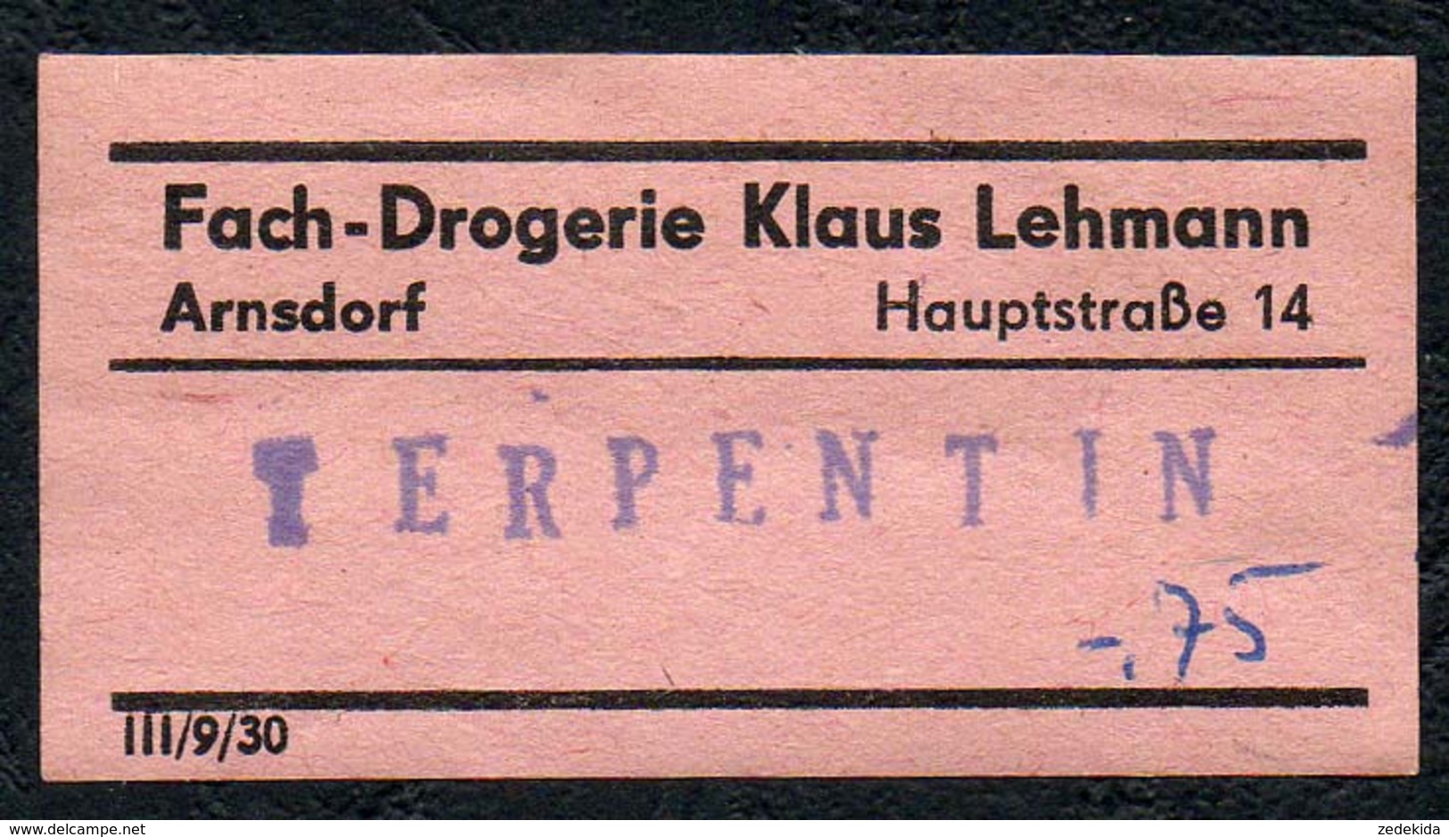 C5503 - Arnsdorf Klaus Lehmann Apotheke Drogerie - Etikett Aufkleber - Terpentin - Aufkleber