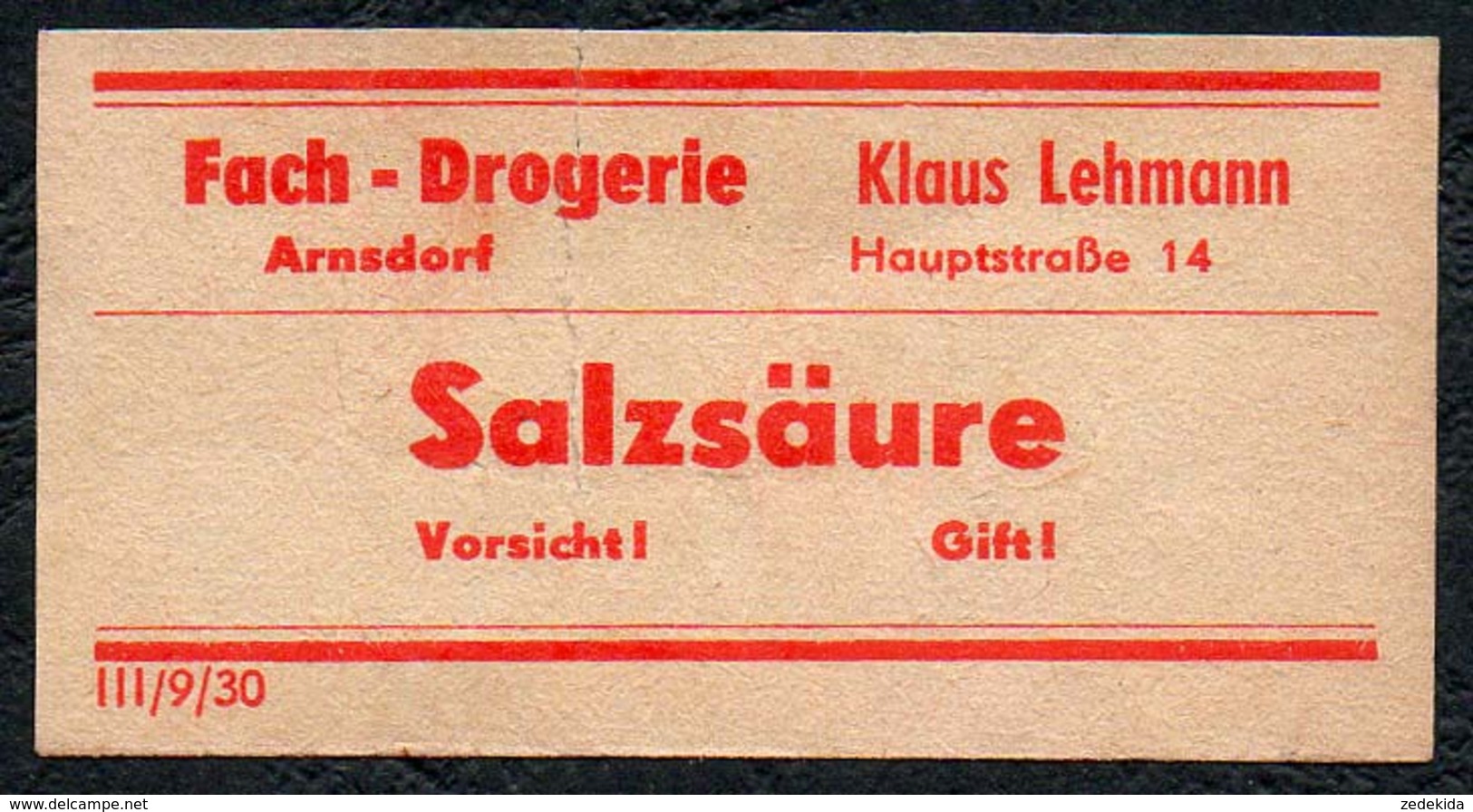 C5504 - Arnsdorf Klaus Lehmann Apotheke Drogerie - Etikett Aufkleber - Salzsäure - Aufkleber