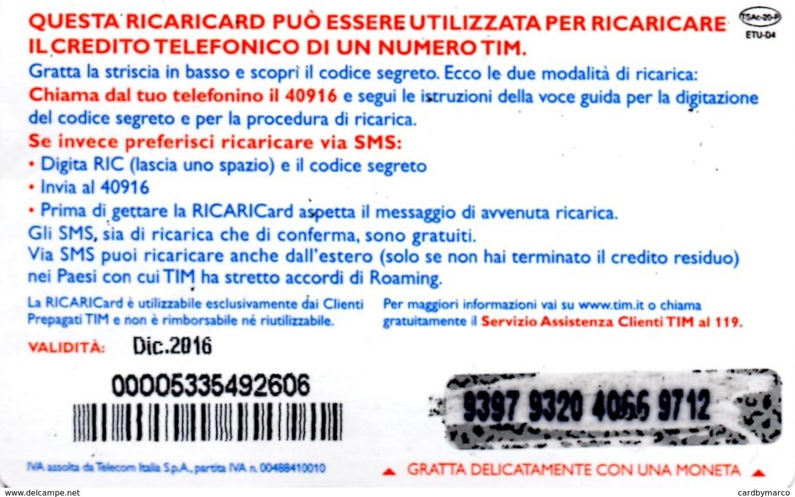 *ITALIA: TIM: SERIE A TIM* - Scheda Usata (TSAc-20-P) - Schede GSM, Prepagate & Ricariche