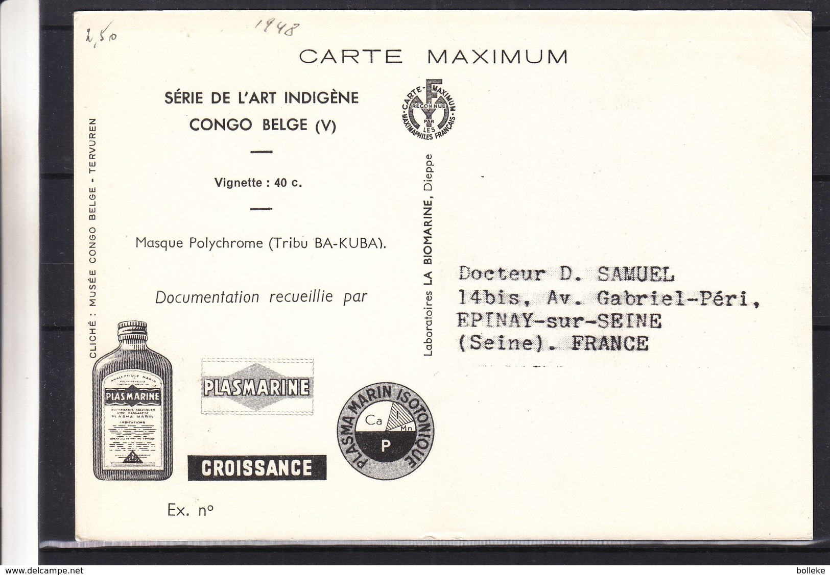Congo Belge - Carte Postale De 1948 - Oblit Leopoldville - Masques - - Lettres & Documents