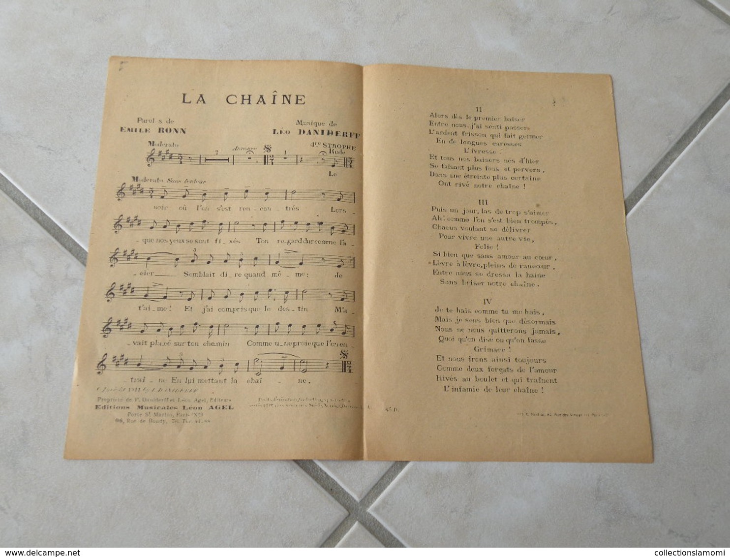 La Chaine (Damia)-(Paroles Émile Ronn)-(Musique Léo Daniderff) Partition 1911 - Chansonniers