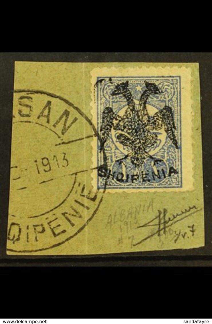 1913 1pi Ultramarine 'Double Eagle' Overprint (Michel 7, SG 7), Very Fine Used On Piece Tied By "Elbasan" Cds Cancel, Ex - Albanien