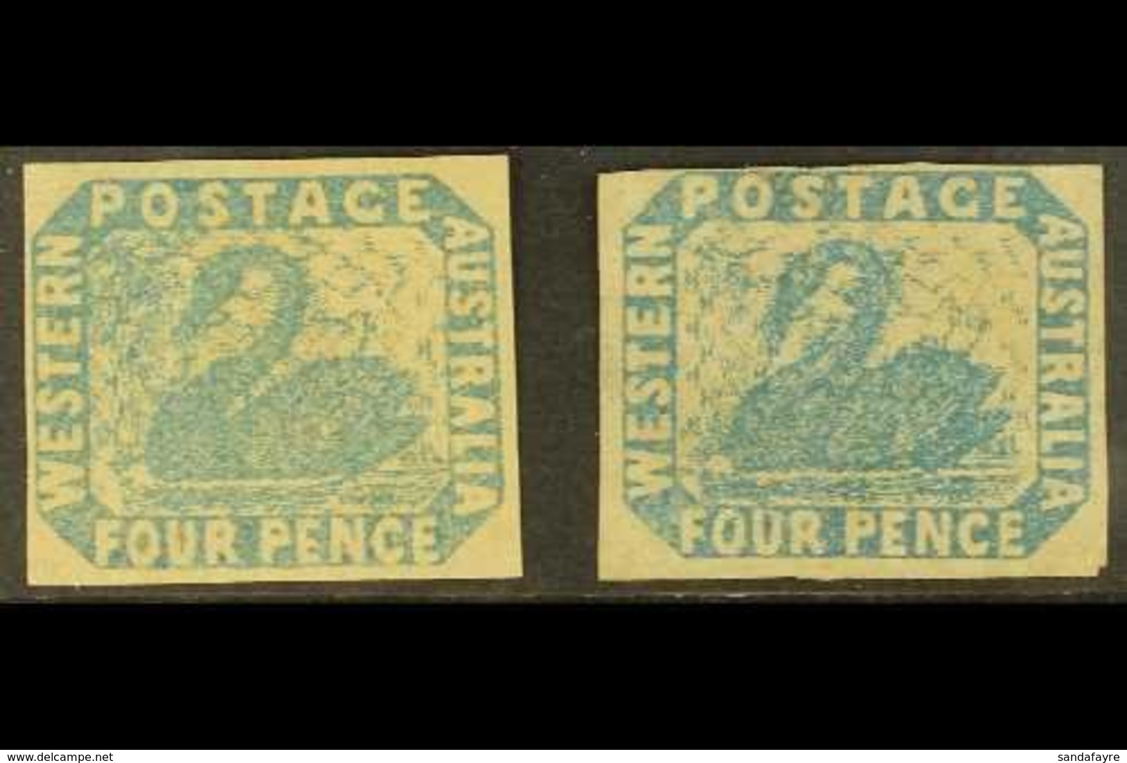WESTERN AUSTRALIA 1854-55 4d Pale Blue & 4d Blue Imperfs., SG 3 & 3a, Unused With 4 Margins, Fresh & Attractive (2 Stamp - Autres & Non Classés