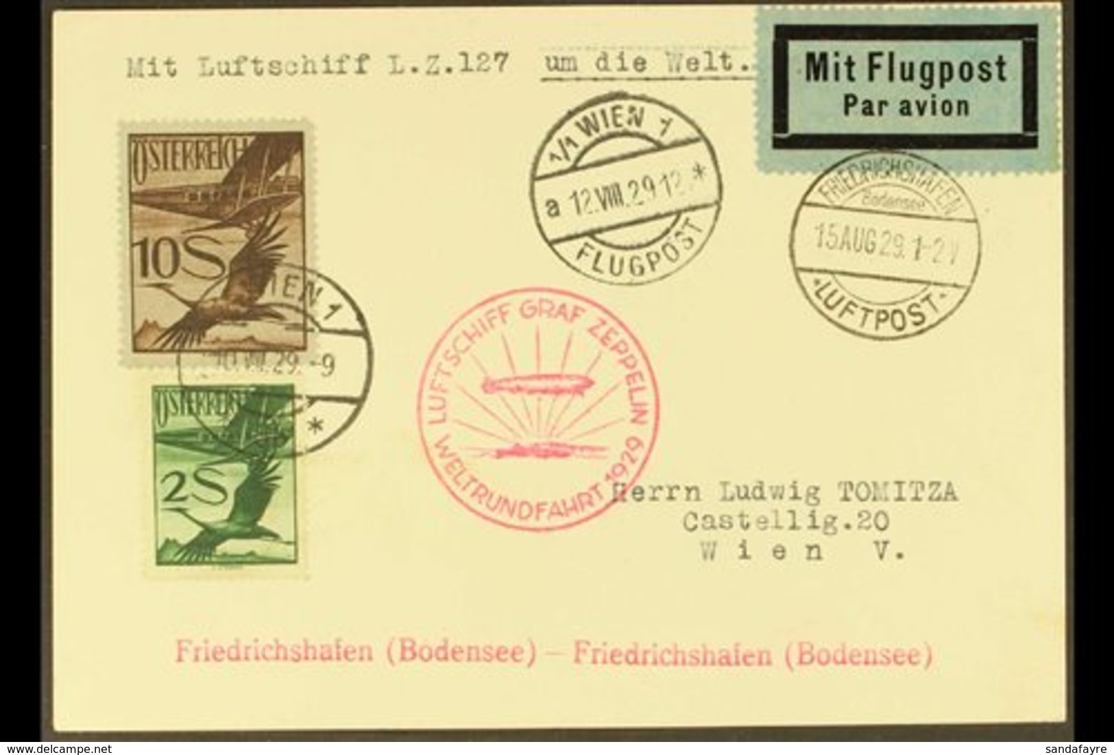 1929 GRAF ZEPPELIN ROUND THE WORLD FLIGHT. (10 Aug) Card Bearing 2s & 10s Stamps Tied By "Wien" Cds, Plus Airmail Label, - Sonstige & Ohne Zuordnung