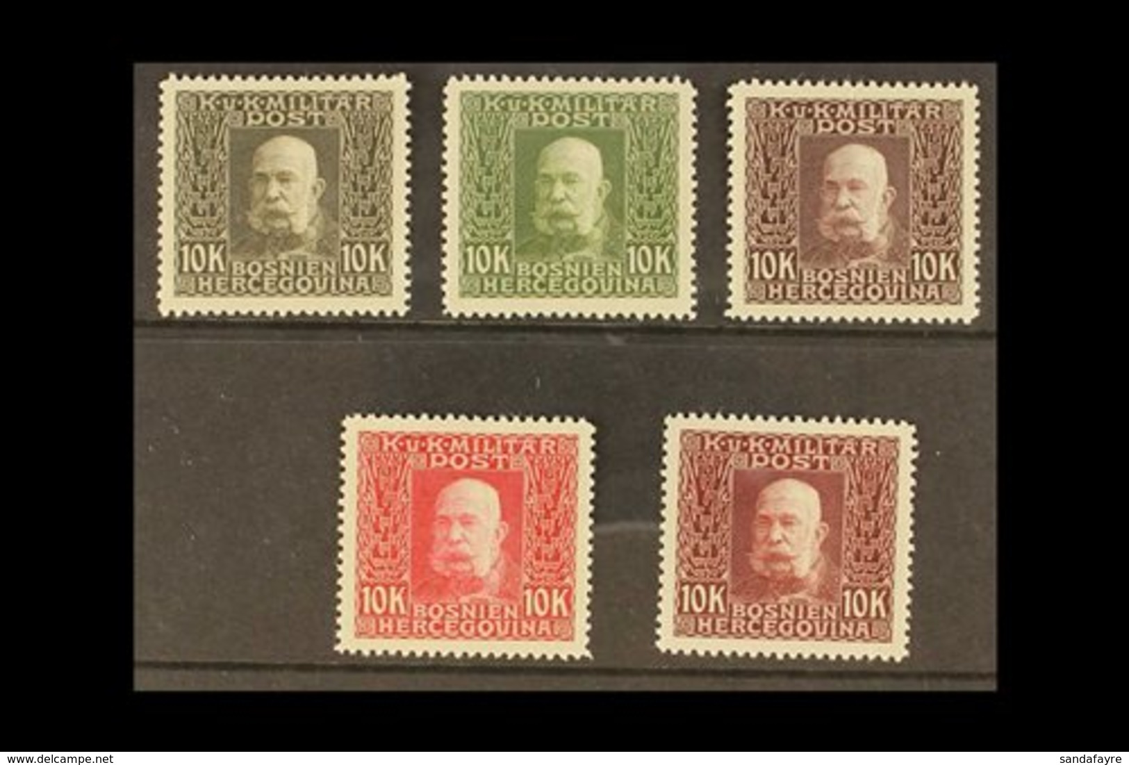 BOSNIA AND HERZEGOVINA 1912-14 10k Francis Joseph I Complete Set Of PERFORATED COLOUR PROOFS Printed In Five Different U - Altri & Non Classificati