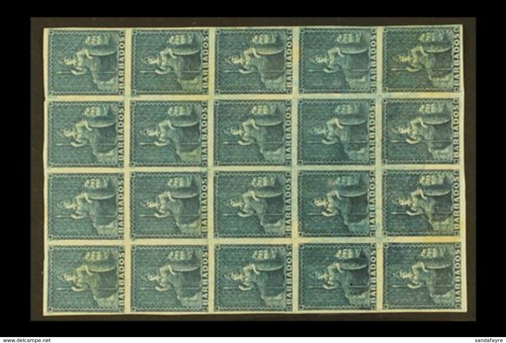 1852-55 Slate-blue Britannia, SG 5a, Mint Block Of Twenty (4x5), Most Are Never Hinged, Some Light Age Marks For More Im - Barbados (...-1966)