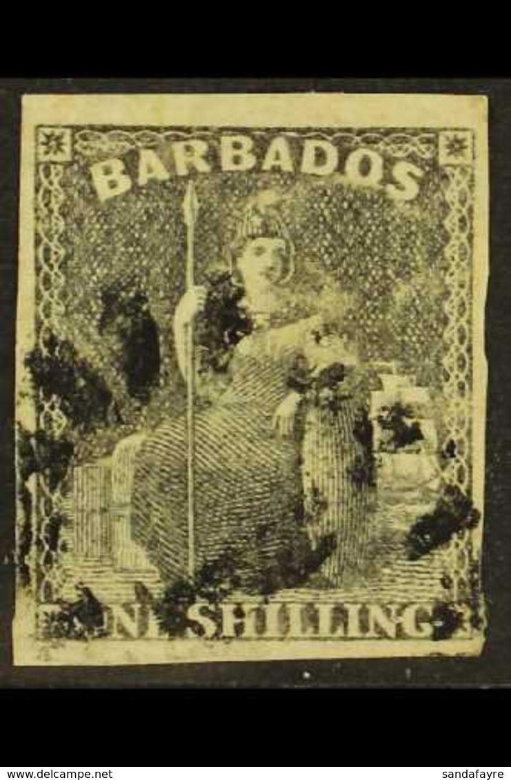 1858 1s Black, Imperf, No Wmk, SG 12a, Fine Used With 4 Clear Margins For More Images, Please Visit Http://www.sandafayr - Barbados (...-1966)