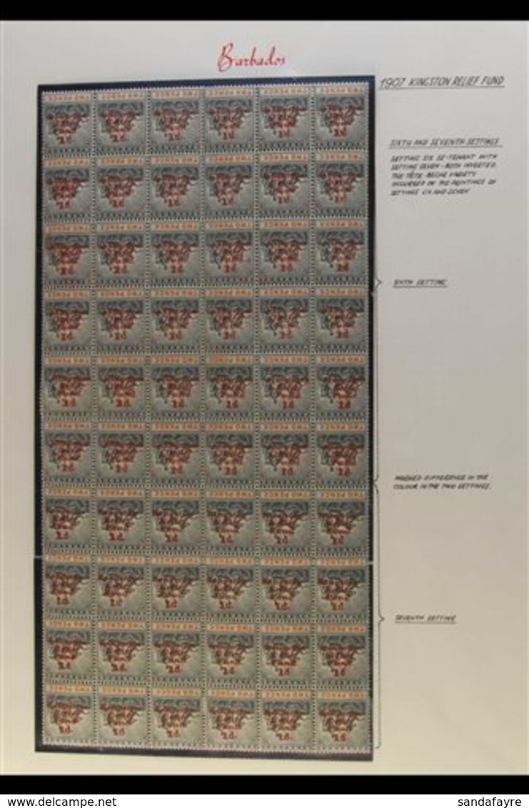1907 KINGSTON RELIEF FUND, COMPLETE PANE OF SIXTY - Sixth & Seventh Settings In Combination, Ovpt Inverted, No Stop Afte - Barbados (...-1966)