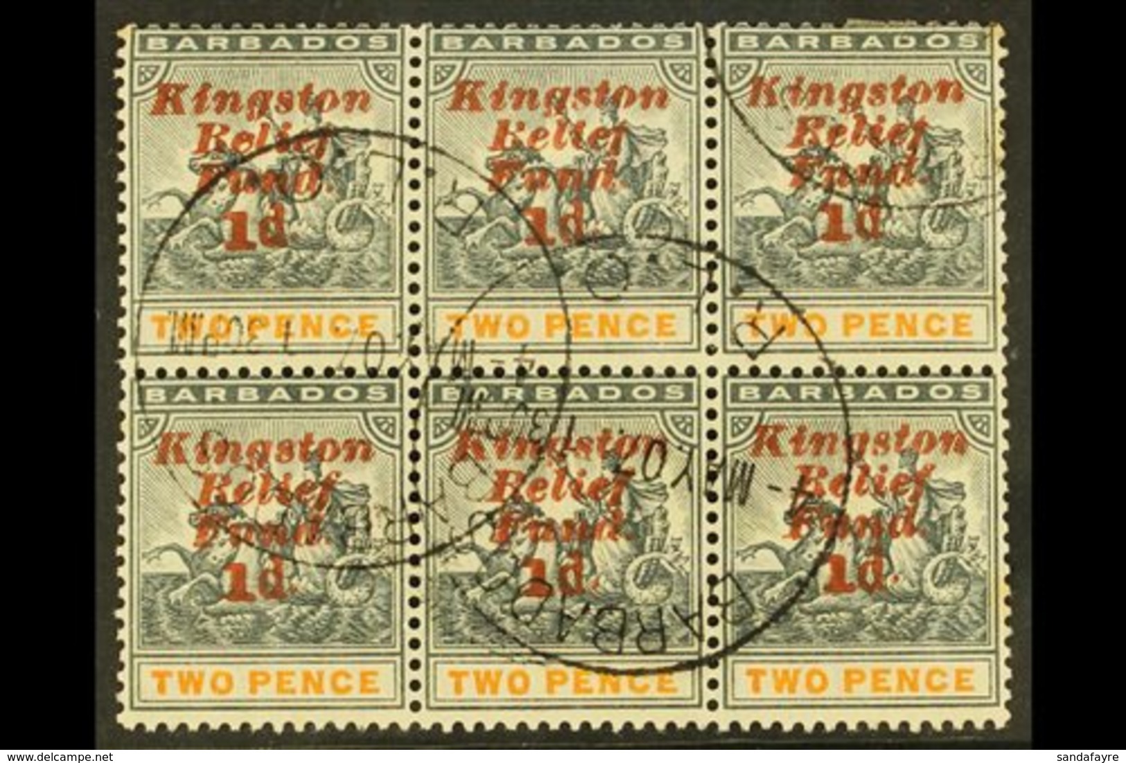 1907 KINGSTON RELIEF FUND (Eighth Setting) Upright Overprint 1d On 2d, SG 153, Fine Used BLOCK OF SIX (3 X 2) Including  - Barbades (...-1966)