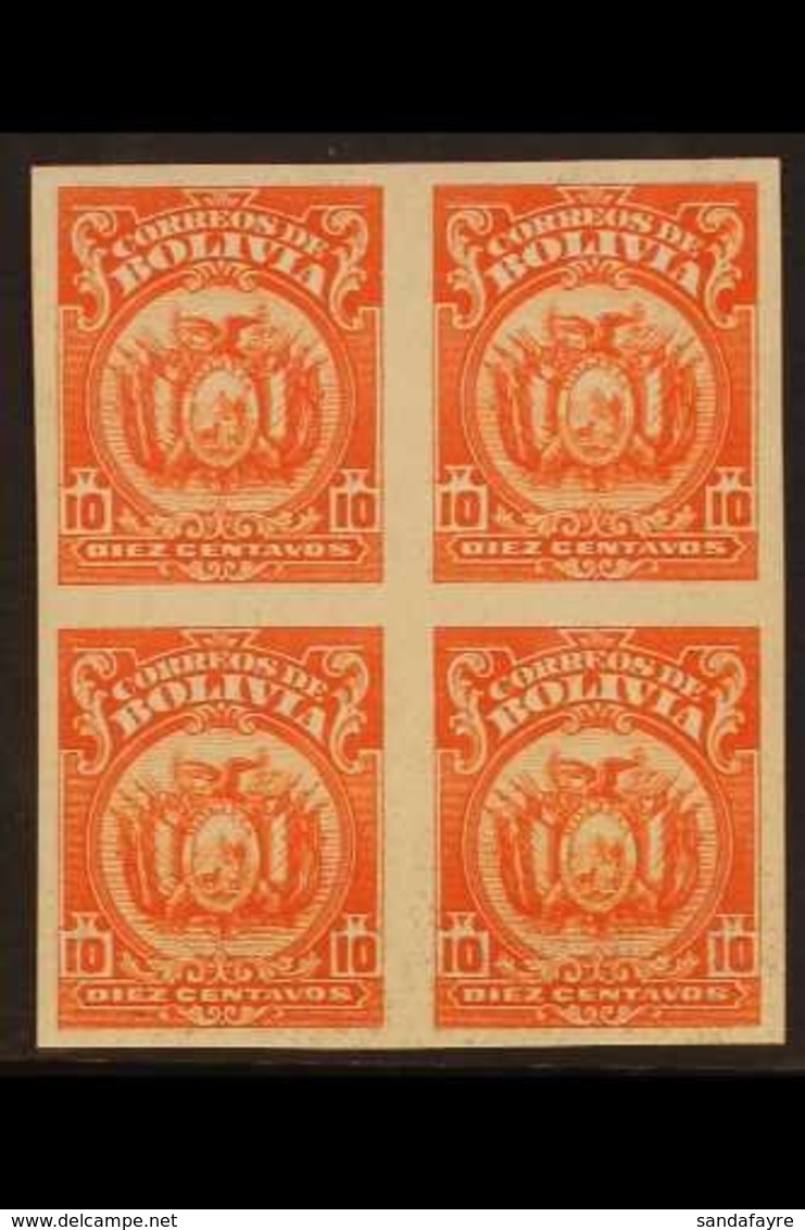 1923-7 10c Vermilion, Coat Of Arms, IMPERFORATE BLOCK OF 4, Scott 131, 3 Stamps Are Never Hinged Mint. For More Images,  - Bolivië